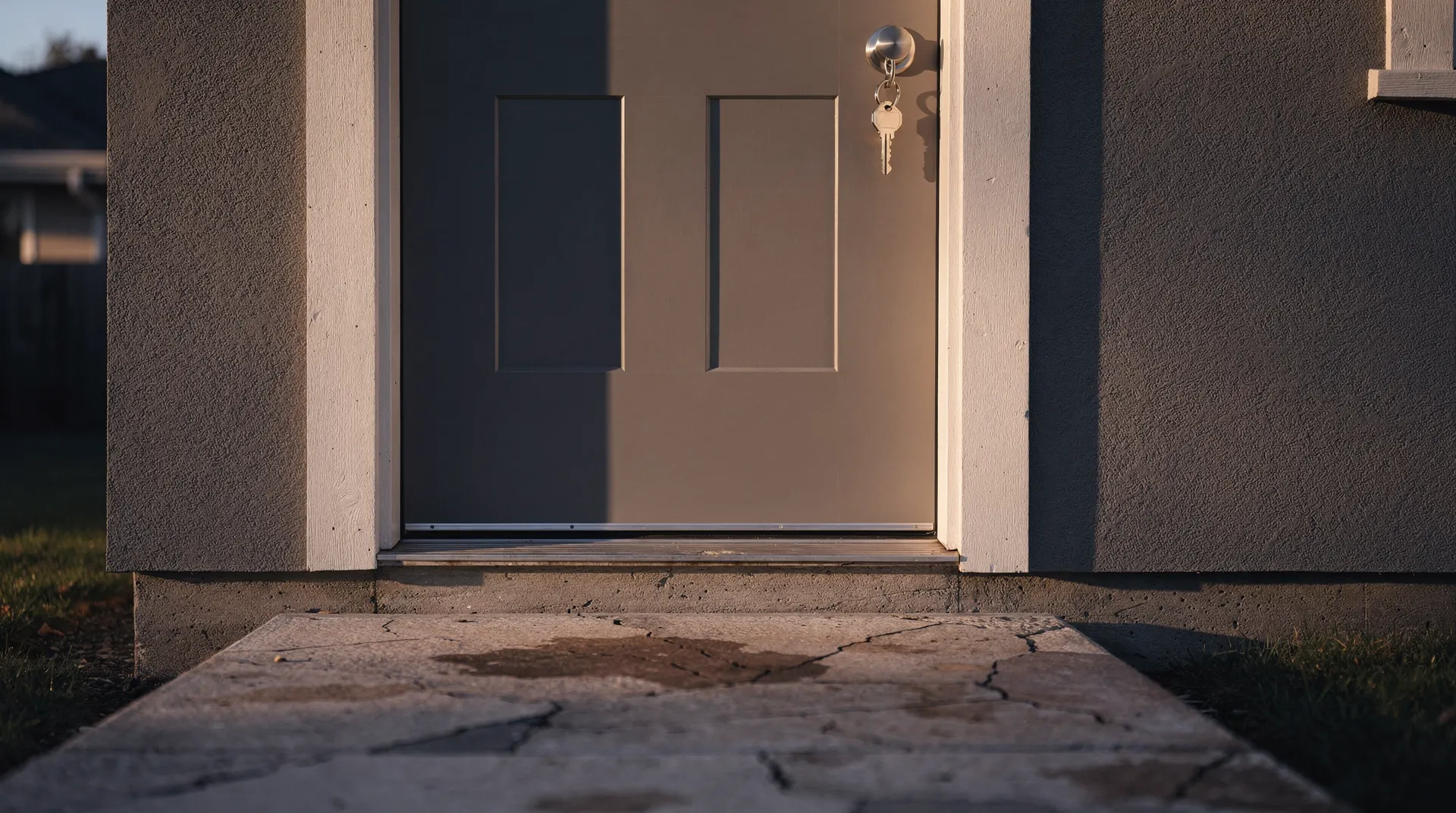 A keyring hangs from a suburban front door beside an empty walkway in late-afternoon light.