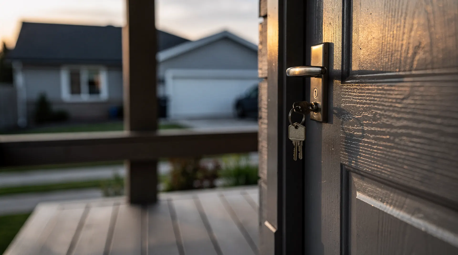 A keyring hangs from a suburban front door handle on a quiet, empty porch.