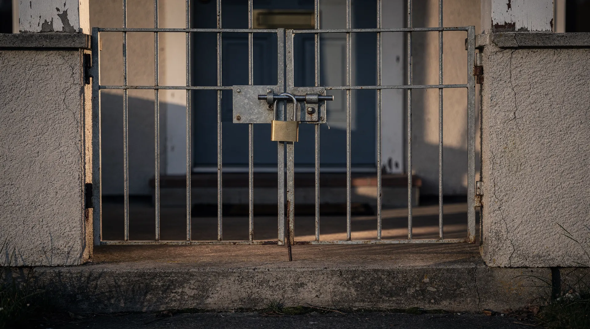 A keyring hangs from the front door of a modest suburban house in late-afternoon light.