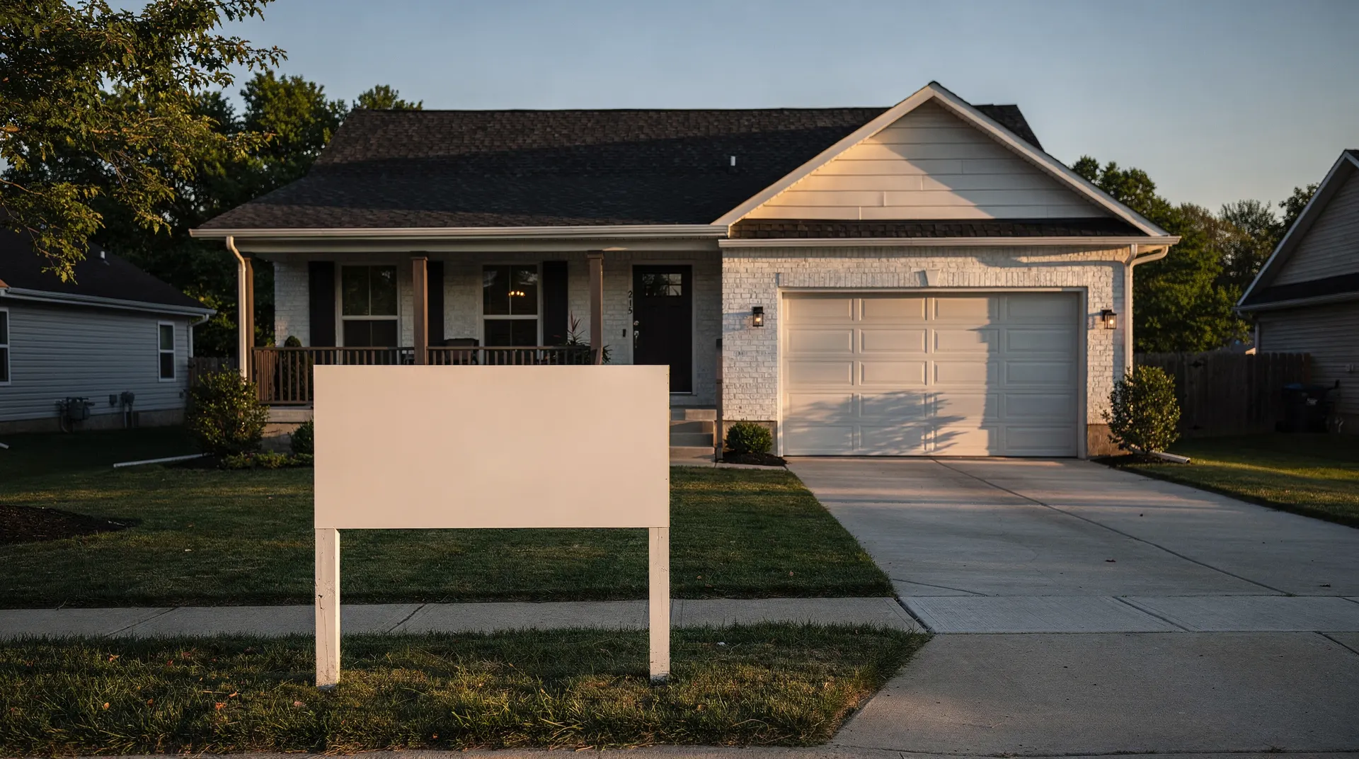 Suburban house with a closed front door, empty driveway and blank yard sign in late-afternoon light.