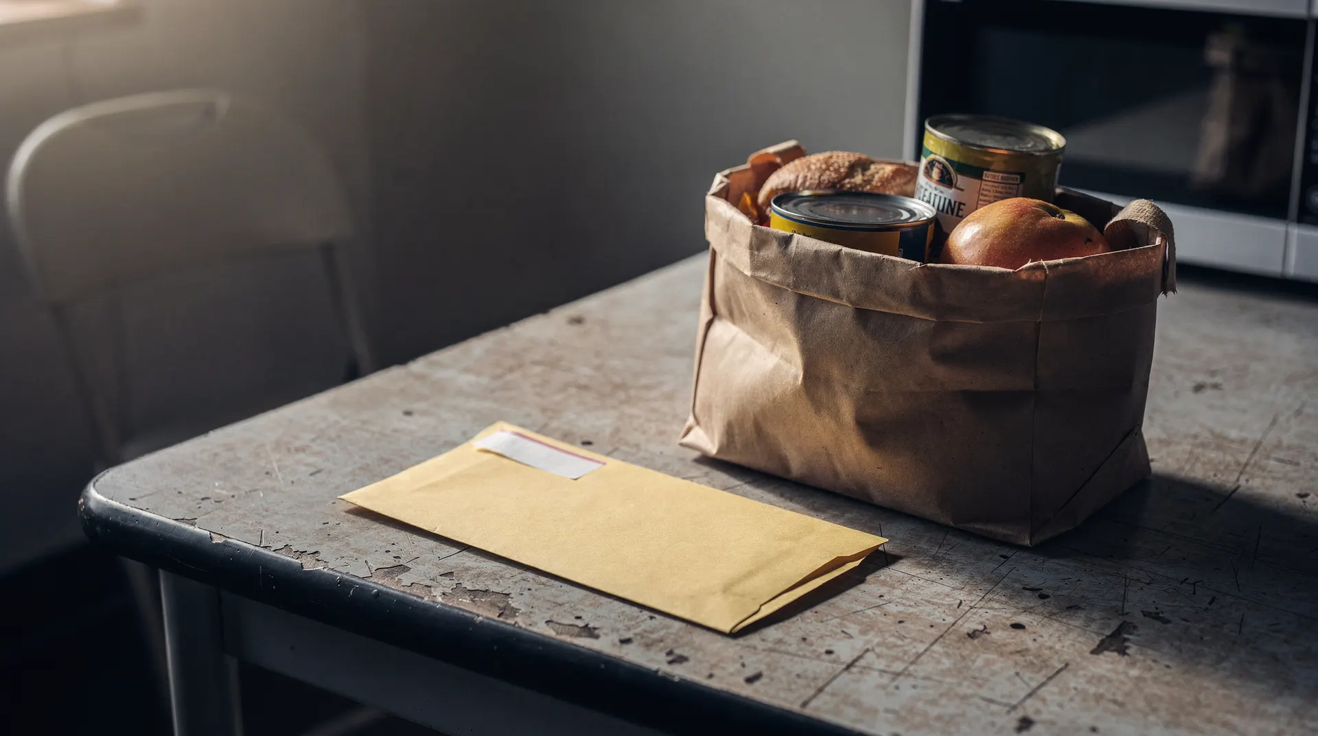 A blank pay envelope and a small bag of groceries sit on a table in an empty workplace break room.