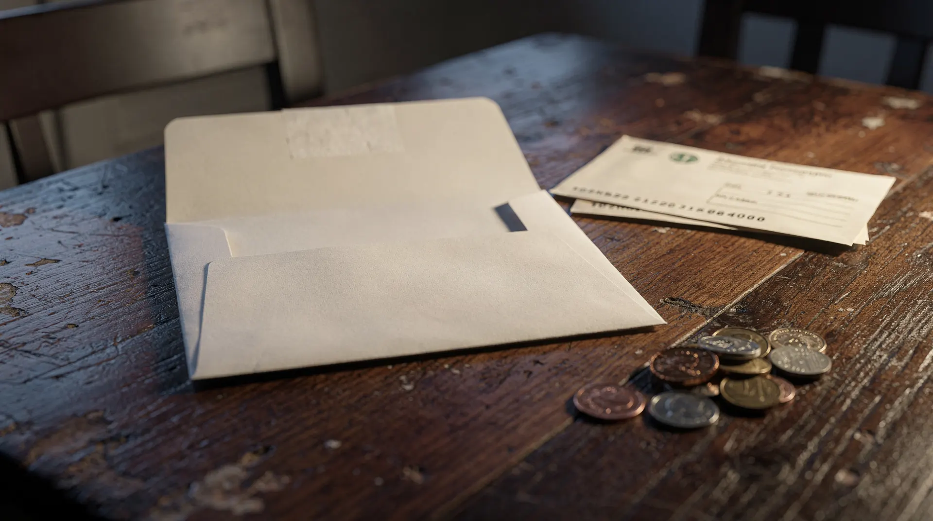 A face-down check rests partly inside an envelope beside coins on a kitchen table.