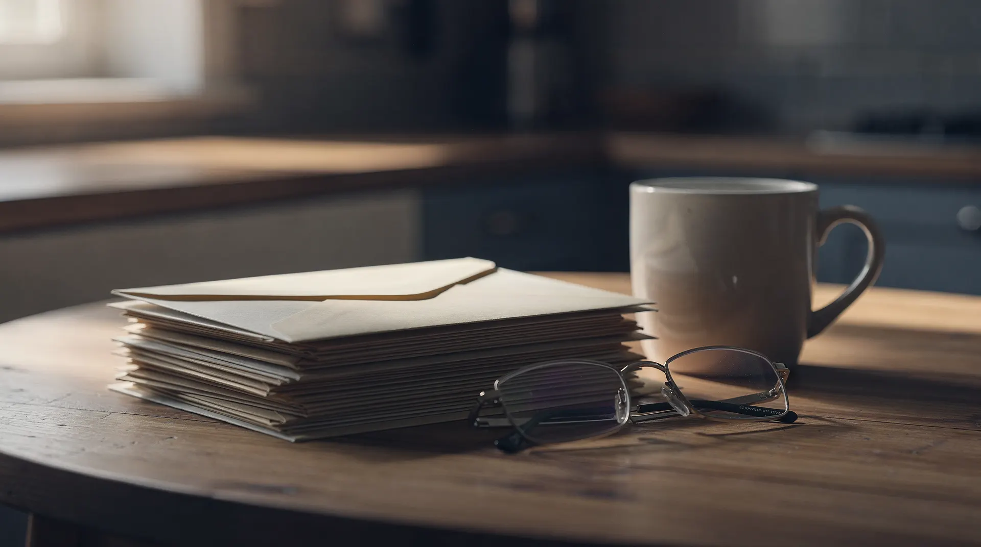 Plain unopened envelopes, reading glasses, and a mug sit on a kitchen table in morning light.