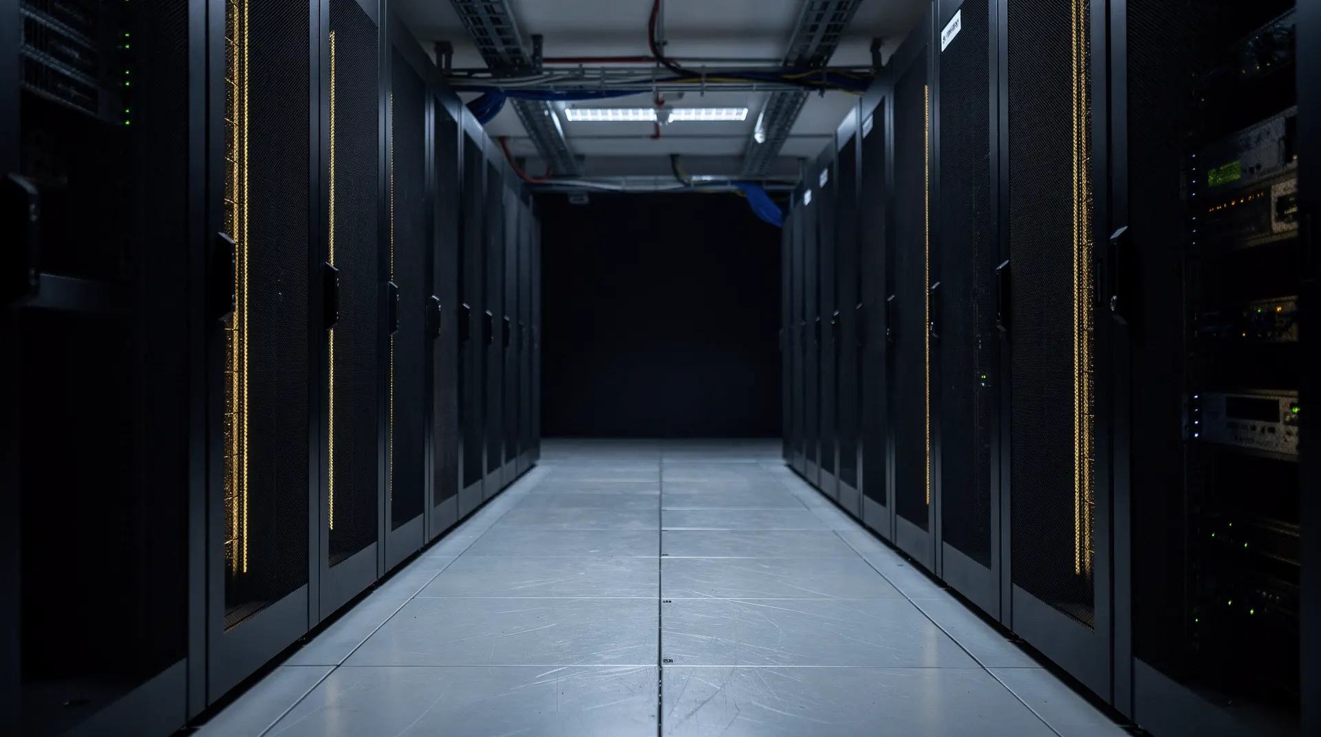 An empty aisle runs between tall server racks lit in muted blue and warm gold.