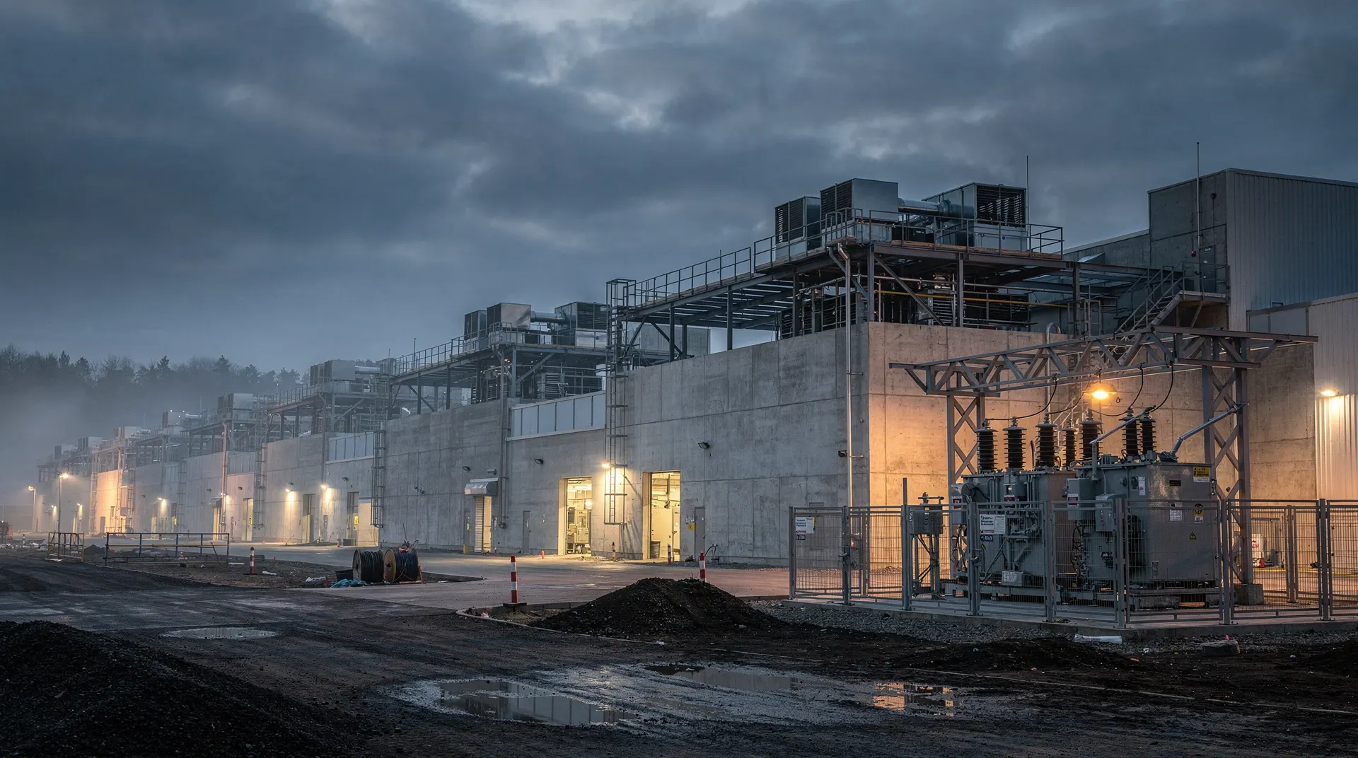 Unfinished data center buildings stretch into the distance beside cooling equipment and a power substation at dusk.