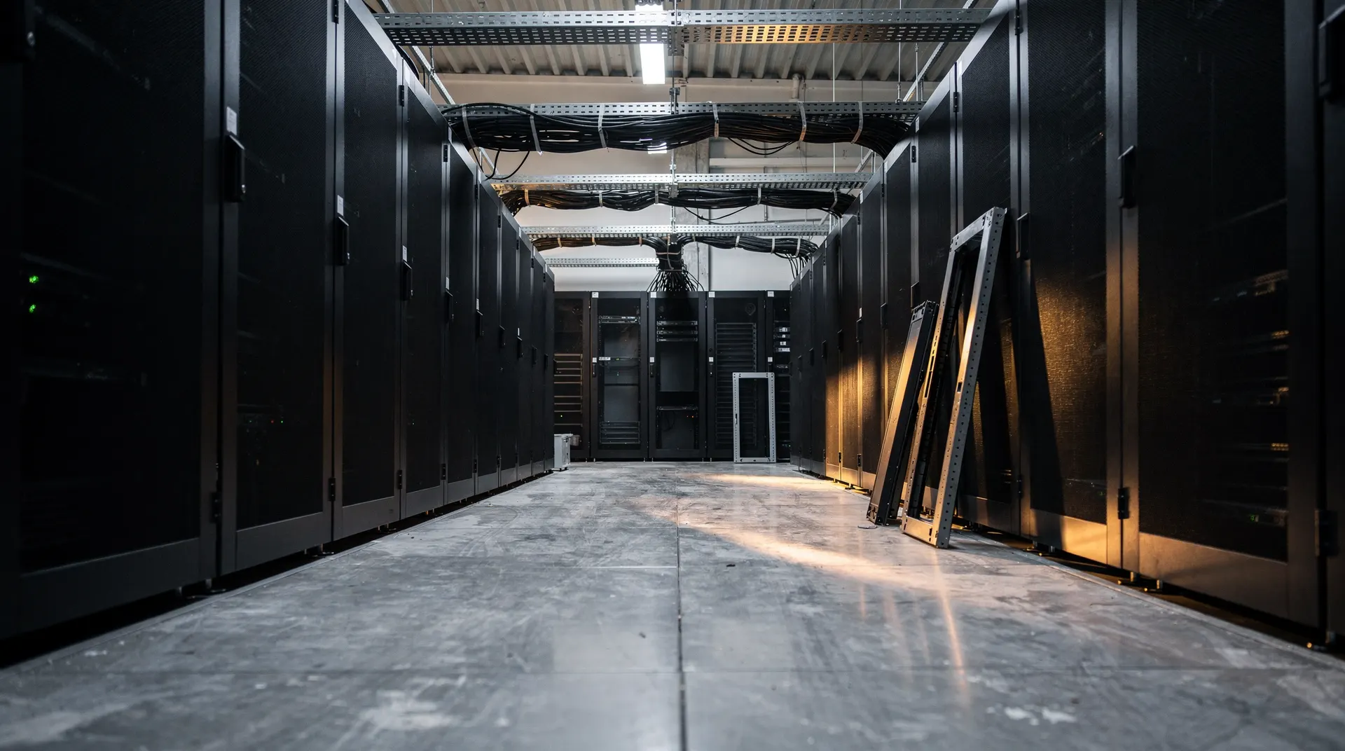 Closed server cabinets line an unfinished data-center aisle beneath overhead cable trays.