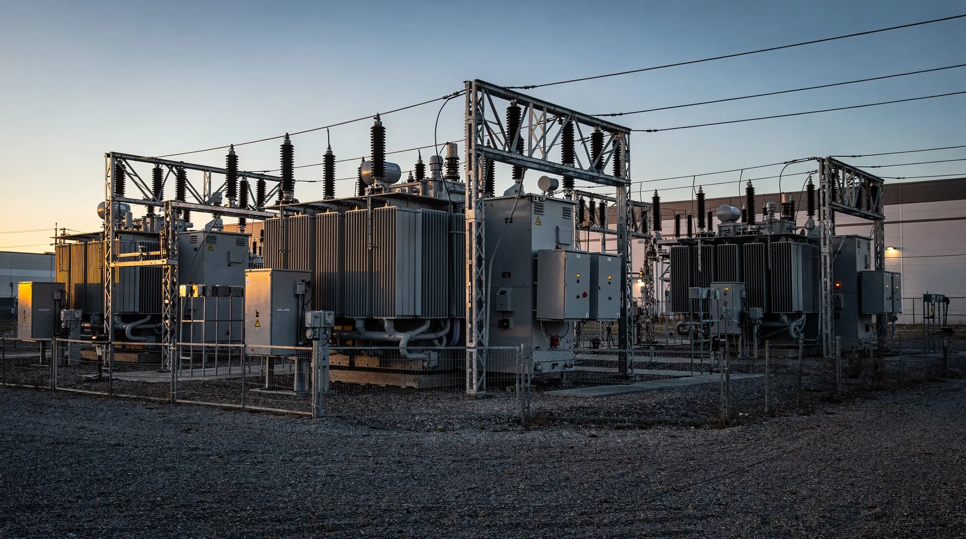 Industrial generators stand outside long data center halls at dusk.