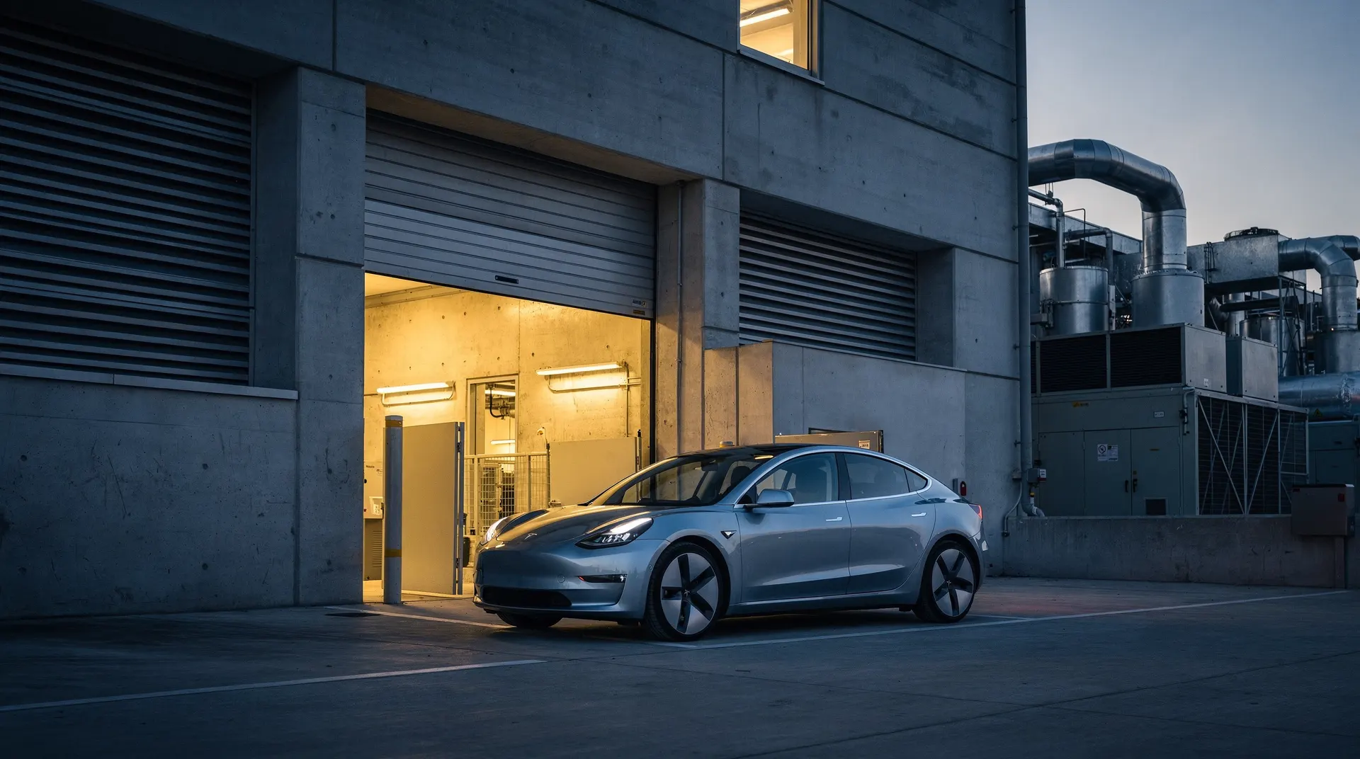 An unbranded electric car sits outside a data center loading bay at dusk.