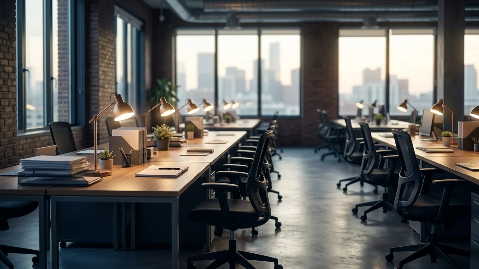 Empty office desks recede beside a warmly lit work bay in a quiet metropolitan workplace.