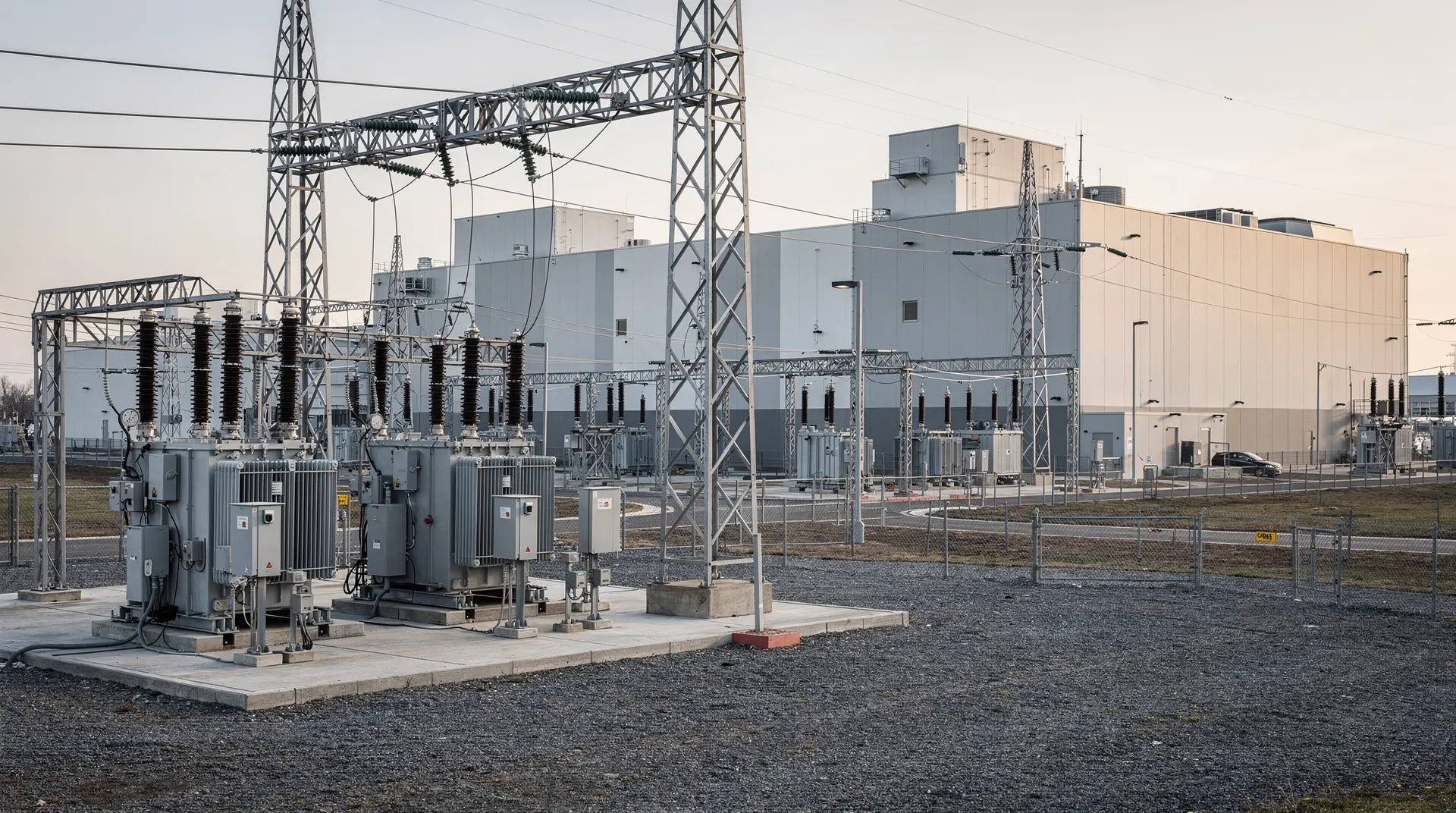 Power substation and lines beside a data-center campus