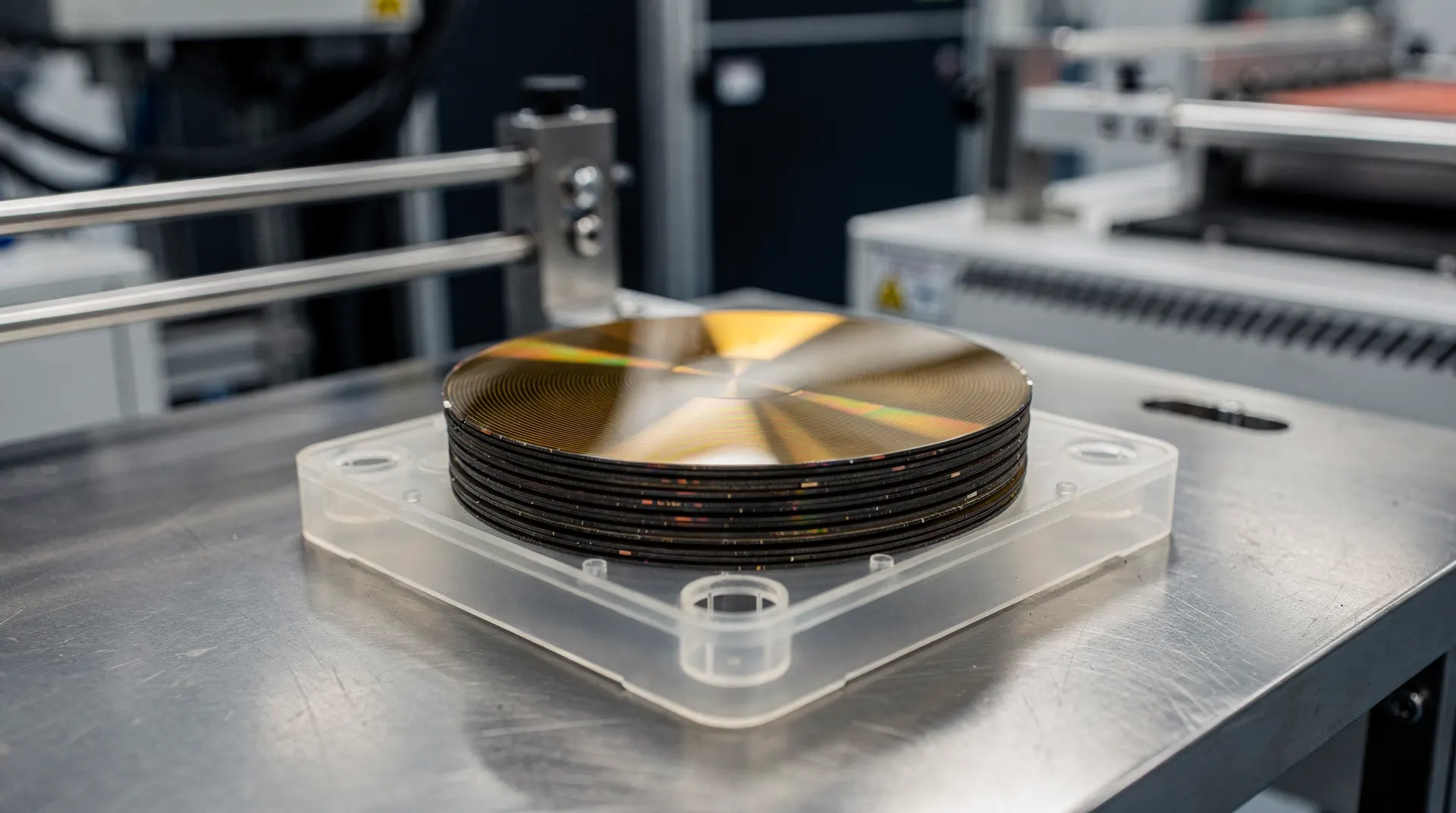Silicon wafers rest in a carrier inside a softly lit semiconductor cleanroom.
