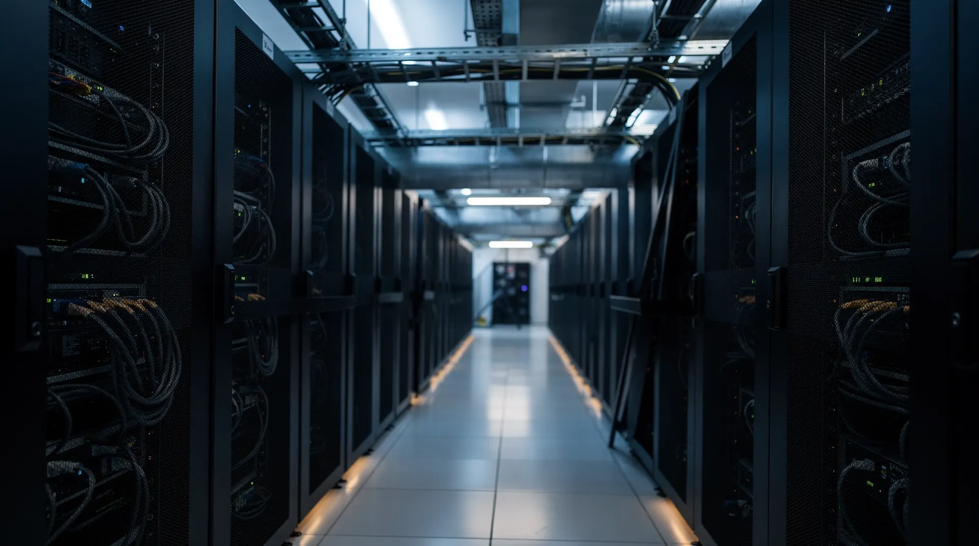 Server racks recede down a blue-lit data-center aisle beneath overhead cooling ducts.