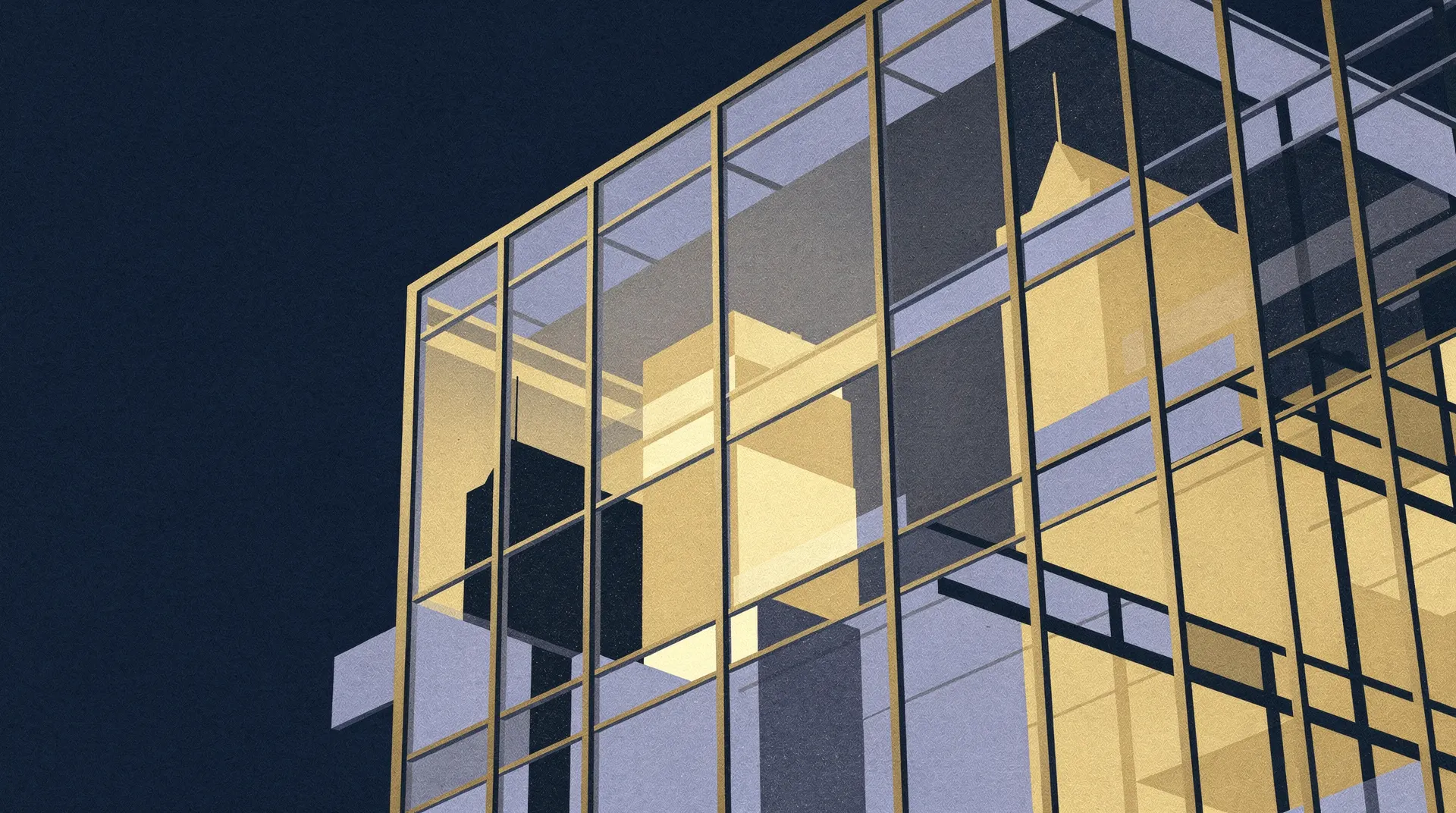 Closed server racks line an empty data-center aisle under muted blue and warm-gold light.