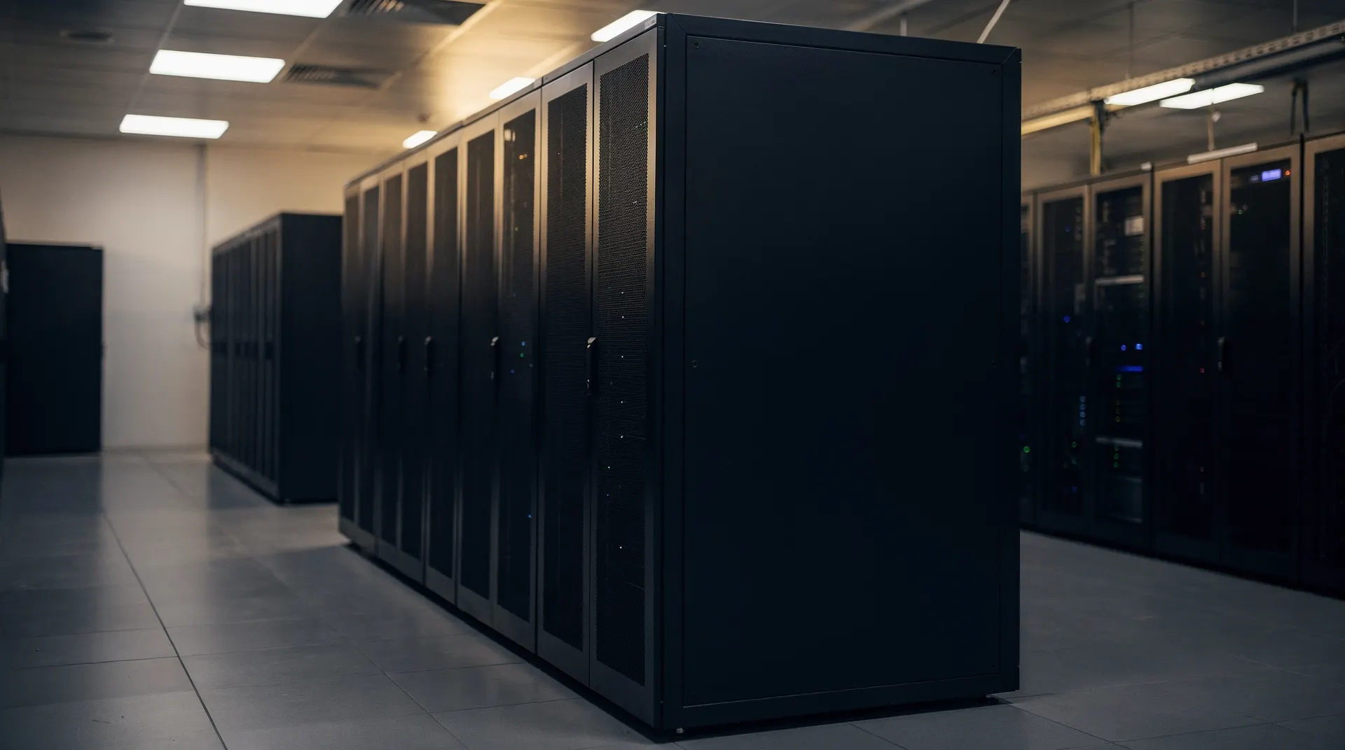 Closed, unmarked server racks recede down a dim data-center aisle under warm overhead light.