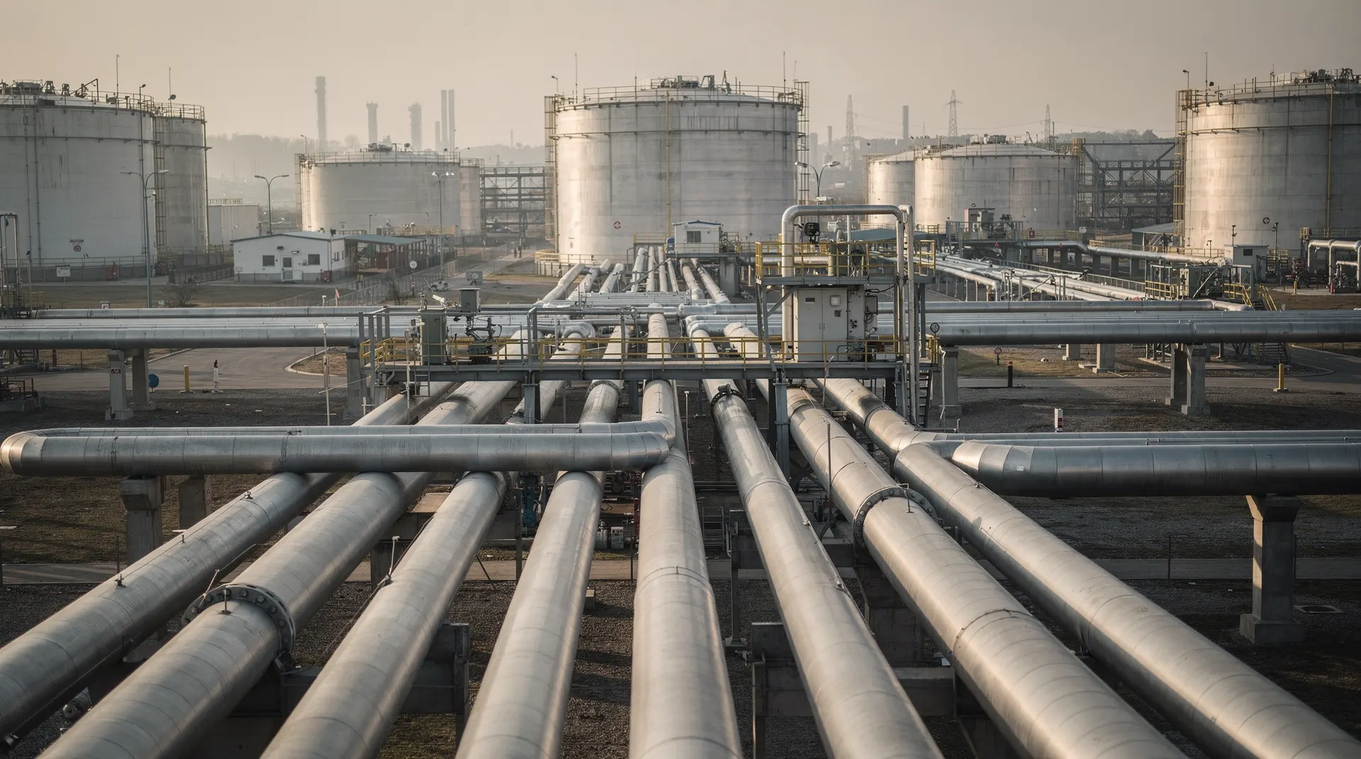 Pipeline infrastructure network crossing industrial energy landscape with storage tank facilities