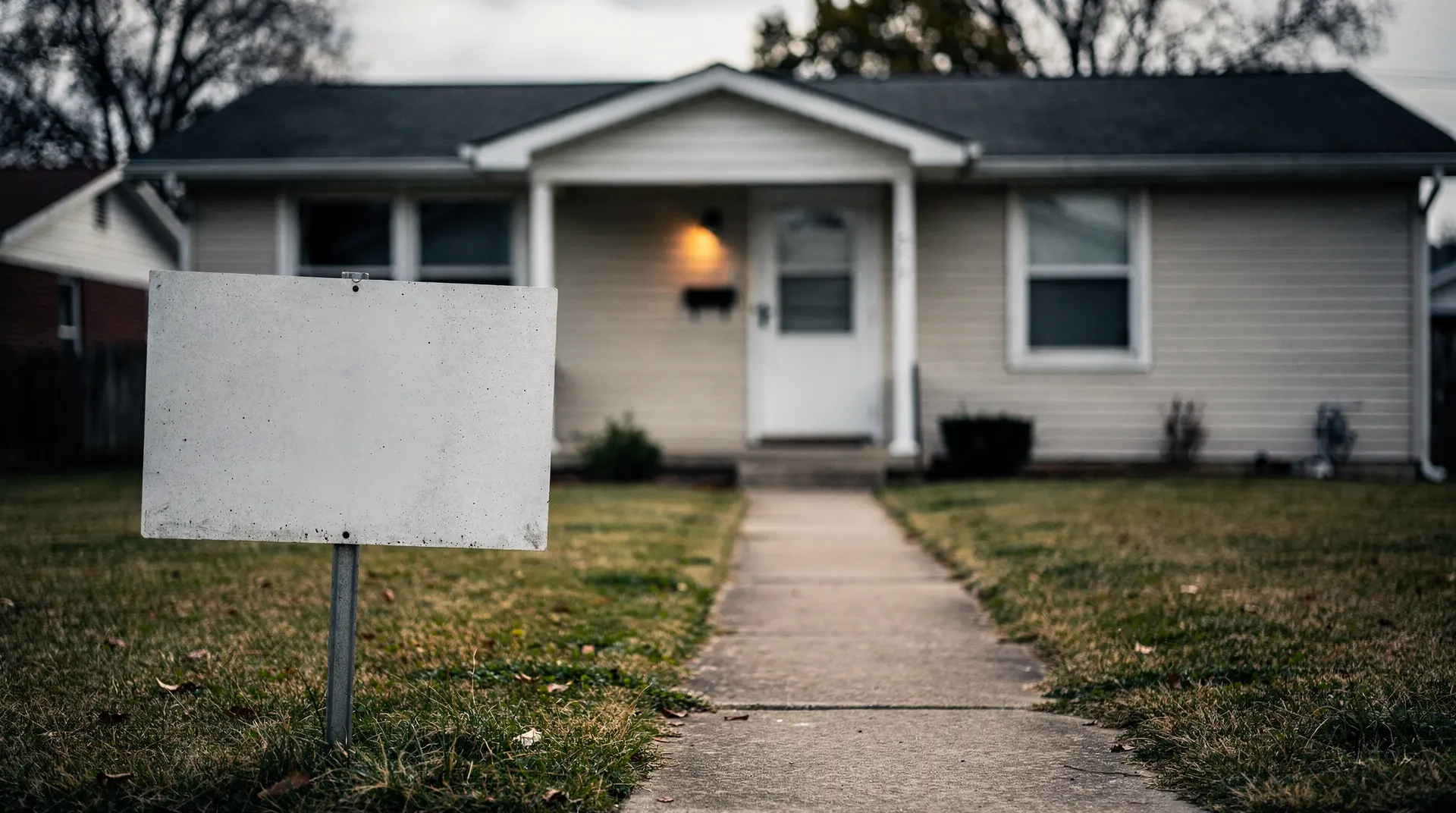 A blank real-estate sign stands beside the empty walkway to a suburban house.