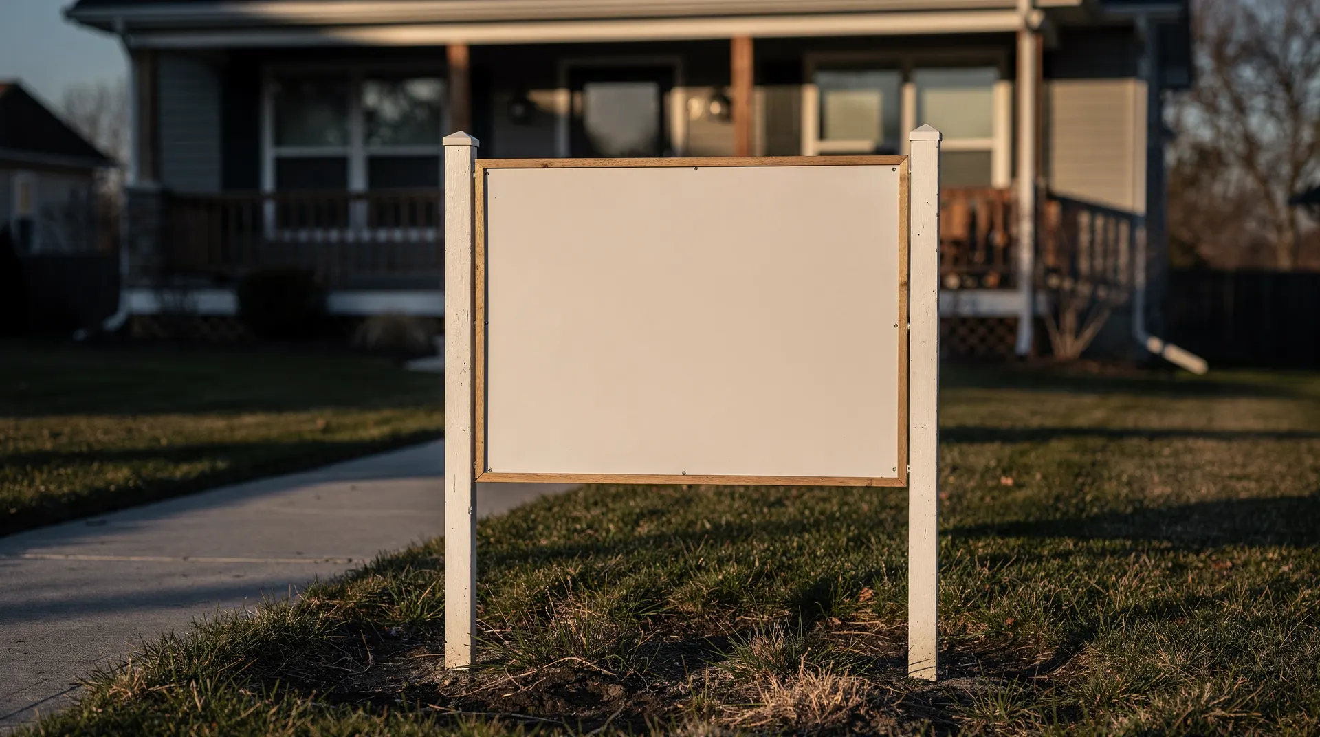 A blank real-estate yard sign stands beside the empty walkway to a suburban house.