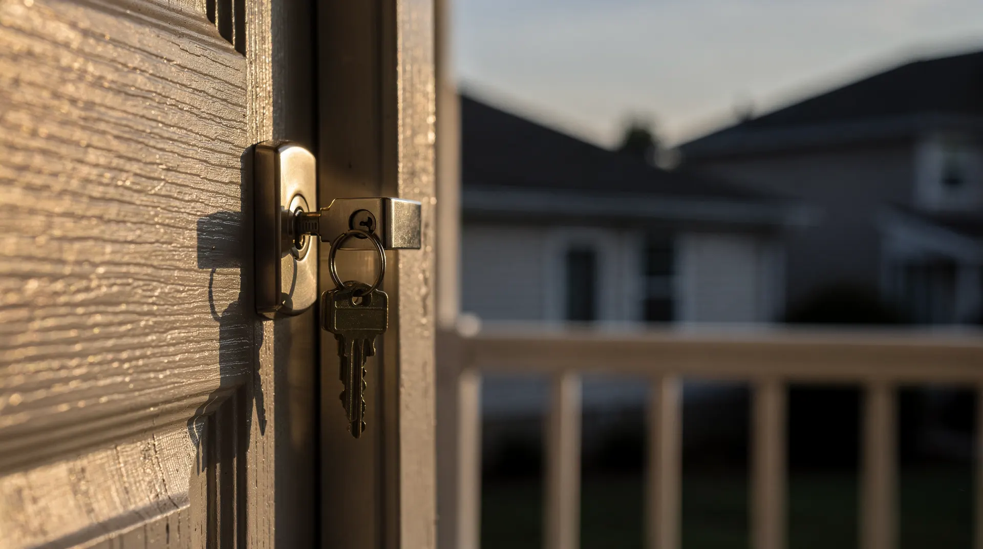 A keyring rests in a suburban front-door lock, with the porch and neighboring roofs softly blurred.