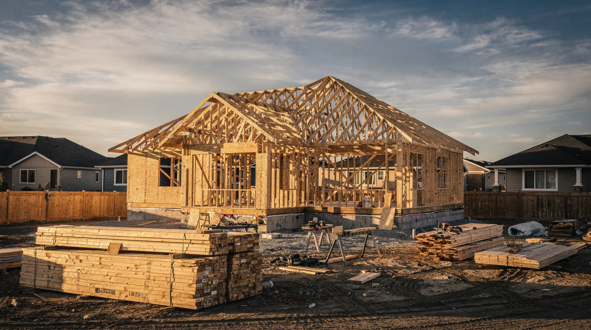 A partially framed house stands beside stacked lumber, with completed suburban homes blurred in the distance.