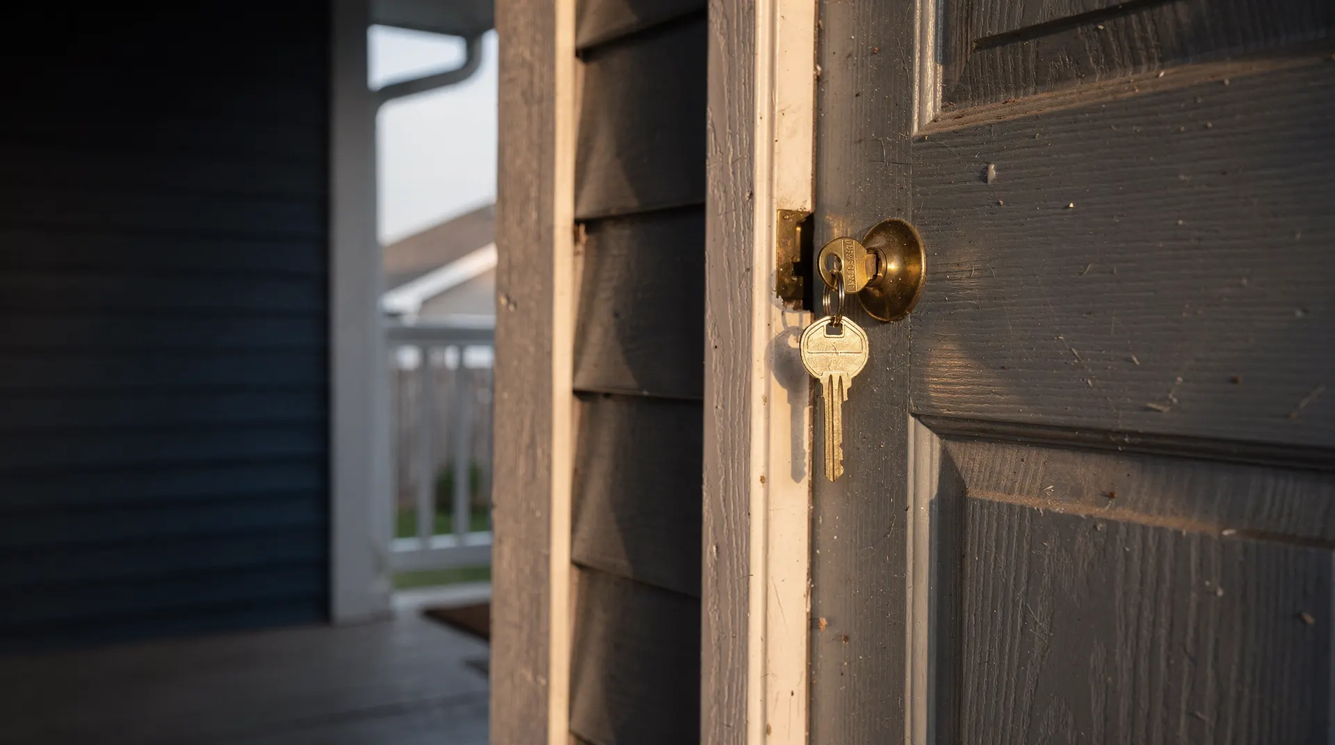 A keyring rests in the lock of a suburban front door, with neighboring rooftops softly blurred behind it.