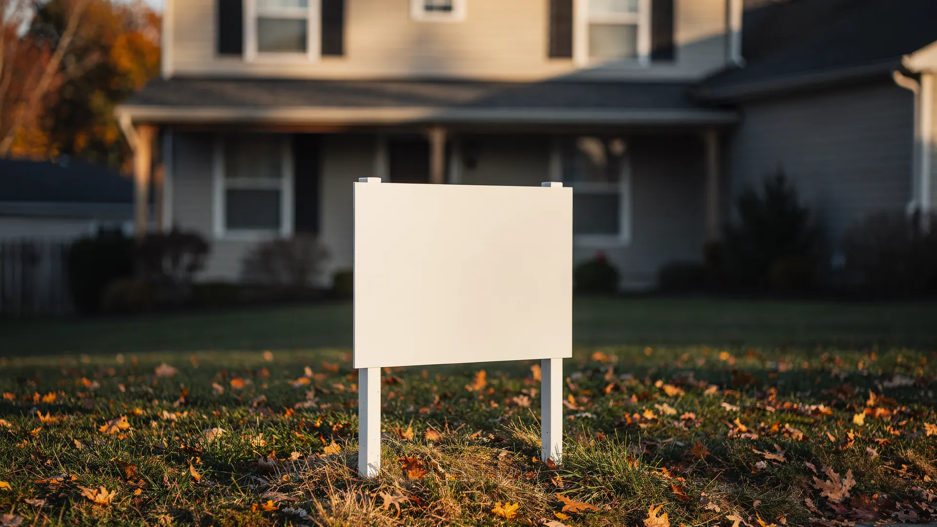 A blank yard sign stands outside a suburban house, with autumn leaves scattered across the lawn.