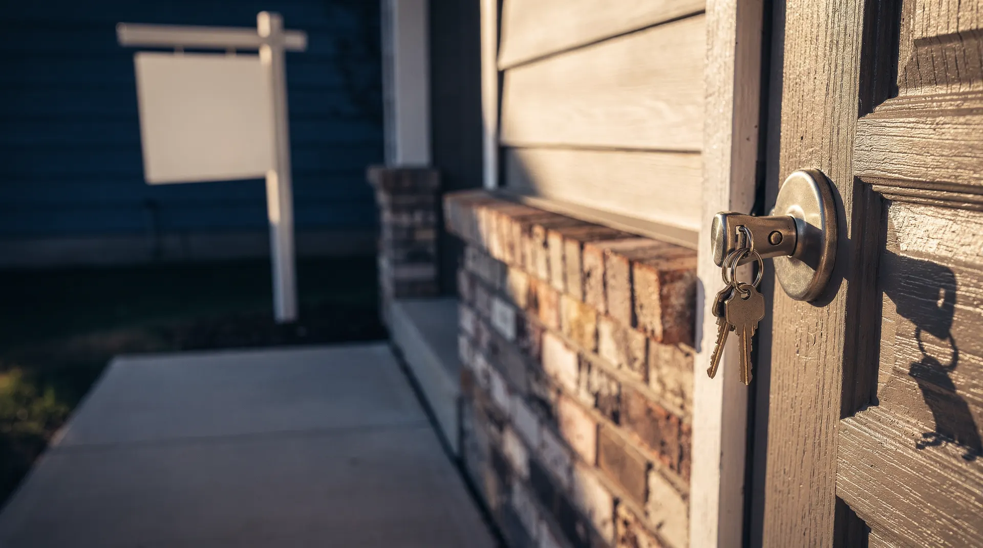 A keyring hangs from a suburban front door, with a blank yard sign beside the empty walkway.