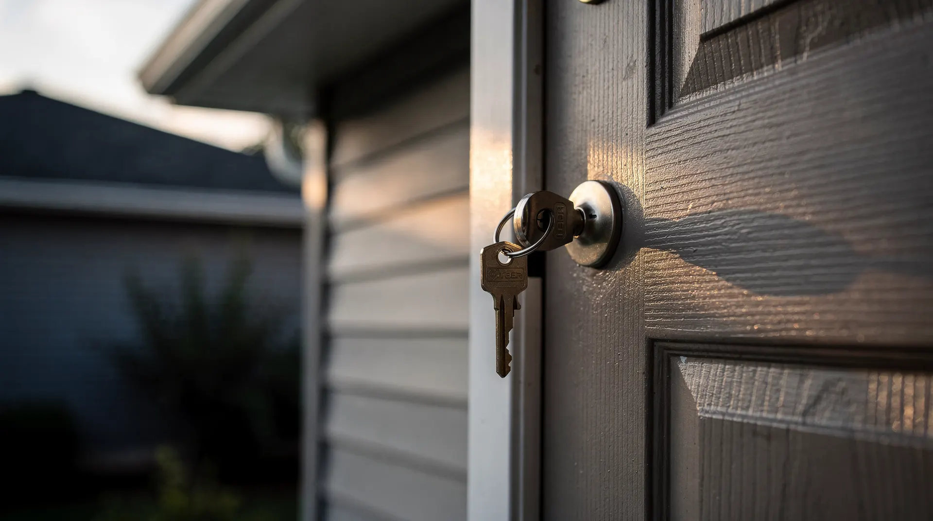 A key rests in the lock of a suburban front door in warm late-afternoon light.