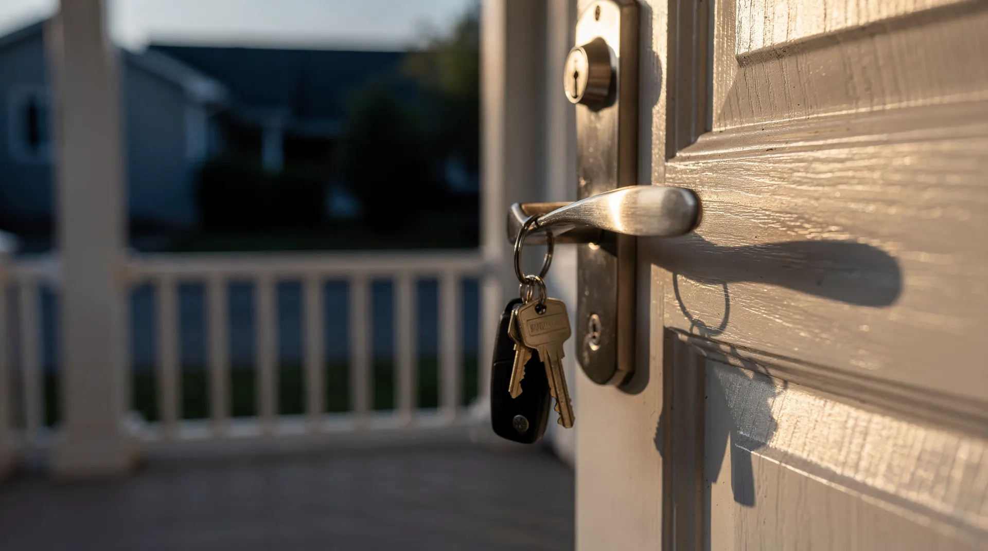 A keyring hangs on a suburban front door beside an empty porch in late-afternoon light.