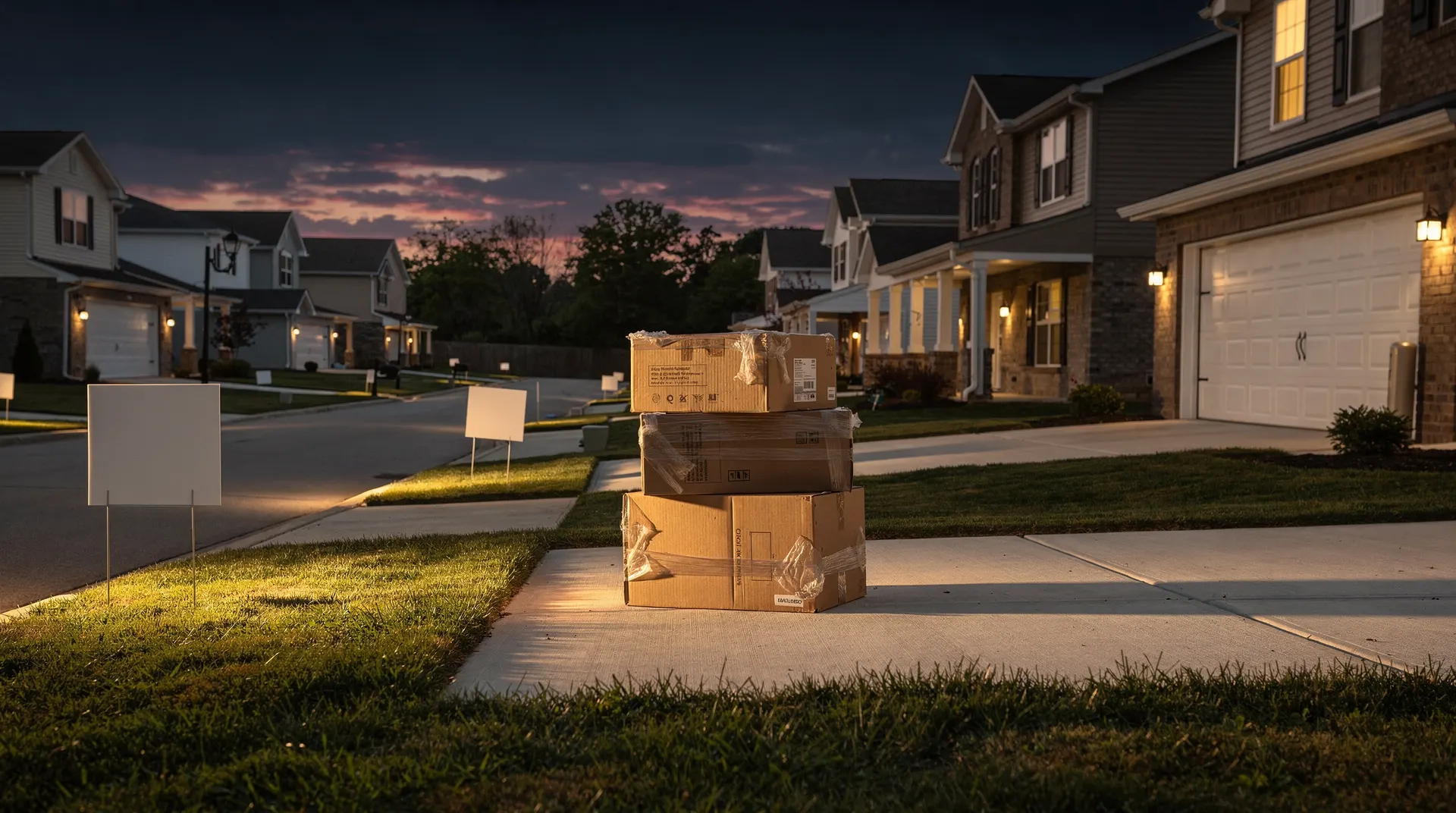 Dusk suburban street of new houses with blank for-sale signs and stacked moving boxes, evoking stalled housing demand