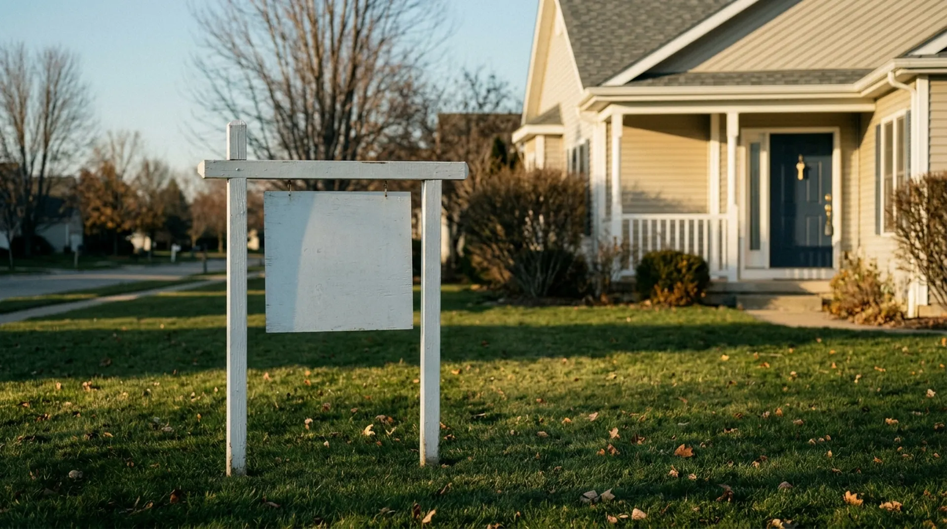 A blank yard sign stakes a quiet suburban lawn at golden hour, a house softly blurred behind it