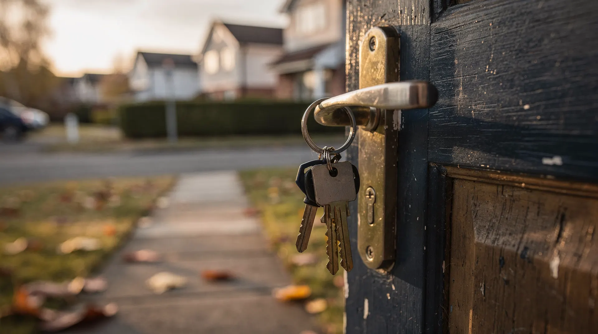 Keys hang from a suburban front-door handle, with neighboring homes blurred in the autumn light.