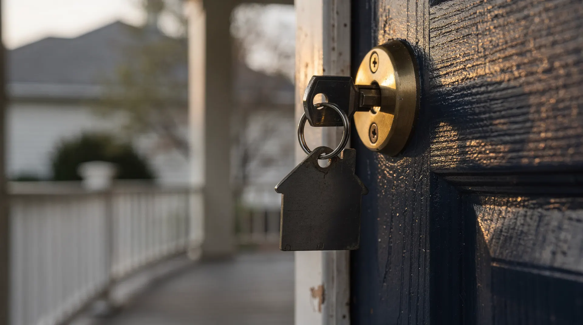 Keys hang from a suburban front door, with neighboring homes softly blurred beyond the porch.
