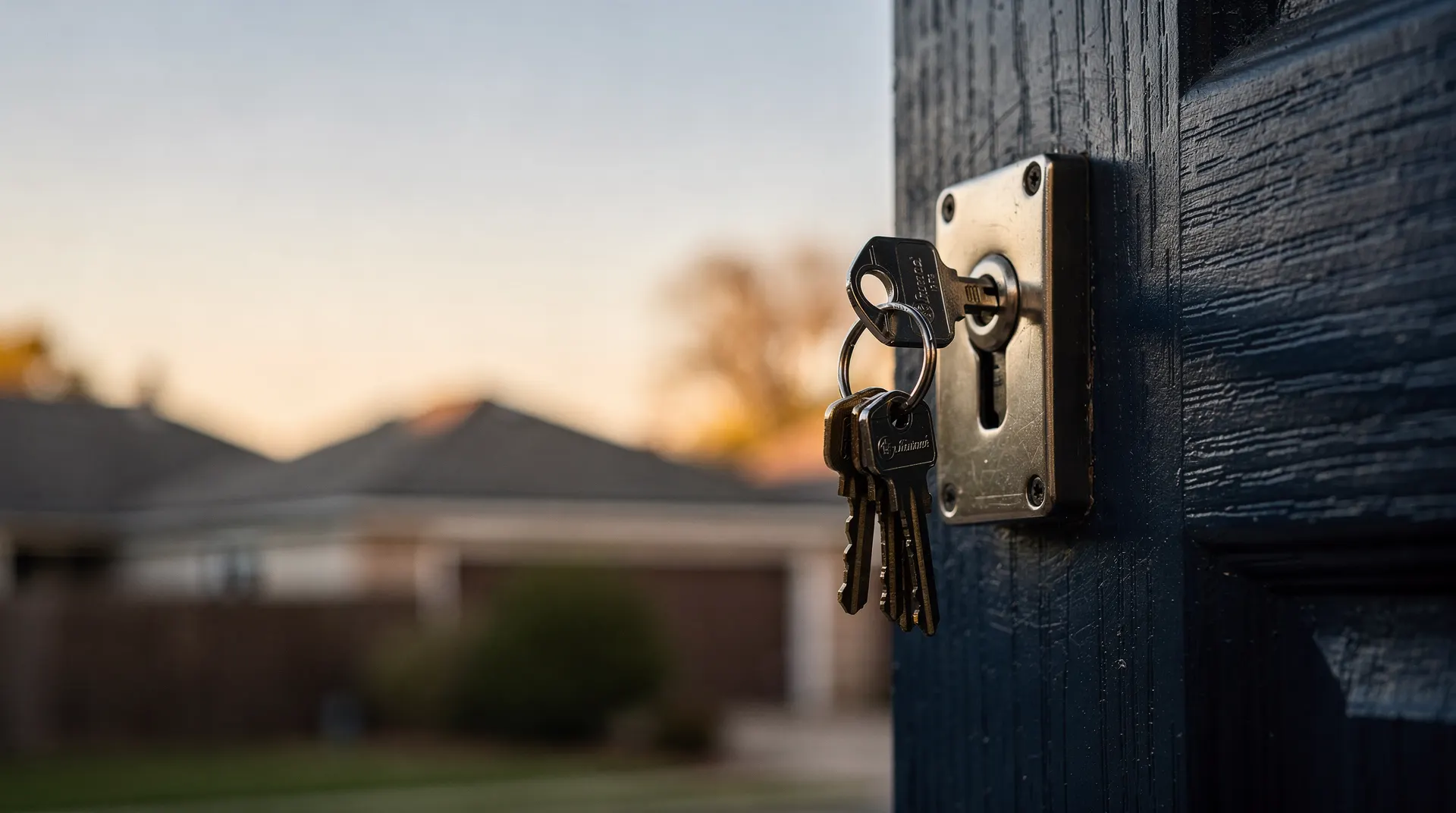 A keyring rests in a suburban home's front-door lock, with neighboring roofs softly blurred behind it.