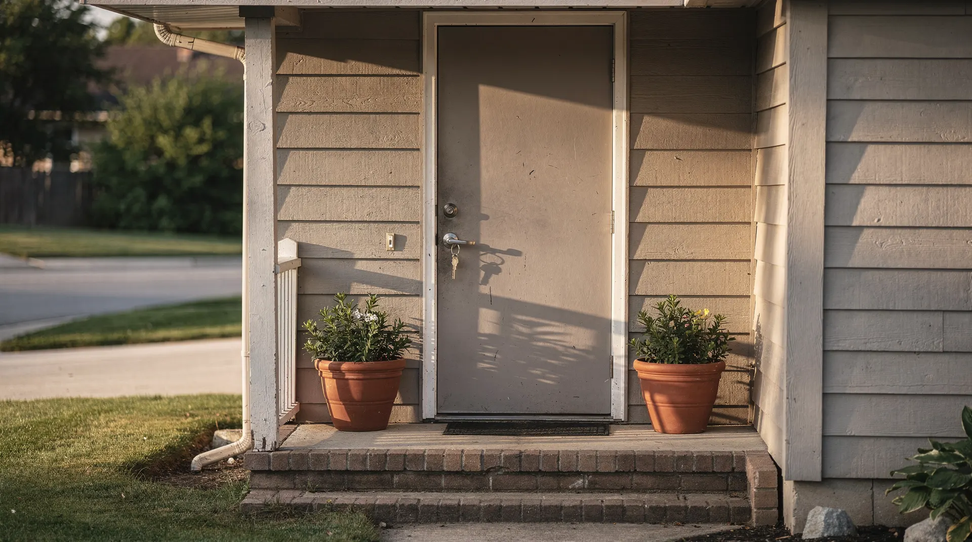 A plain keyring hangs from the handle of a closed suburban front door in soft afternoon light.