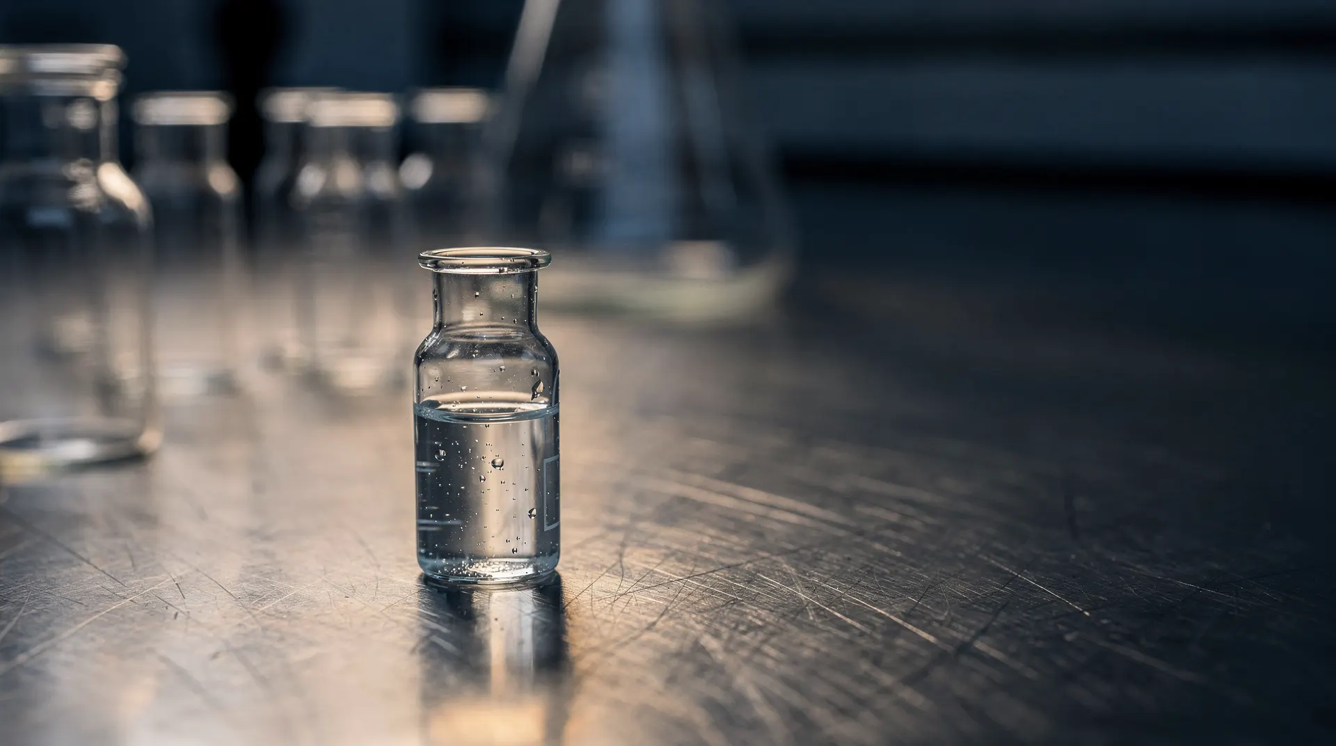Unmarked glass vials on a laboratory work surface, with more glassware blurred in the background.