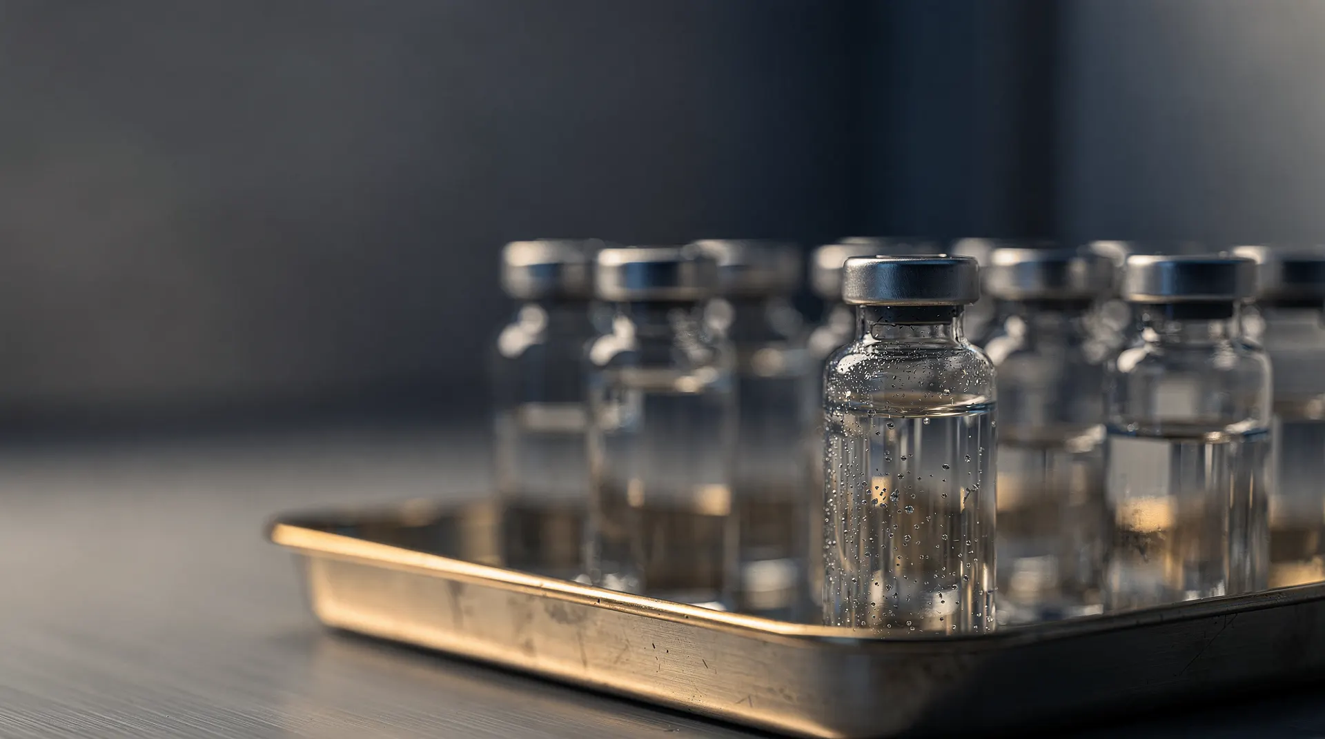 Unmarked glass vaccine vials sit on a stainless-steel tray in a softly lit laboratory.
