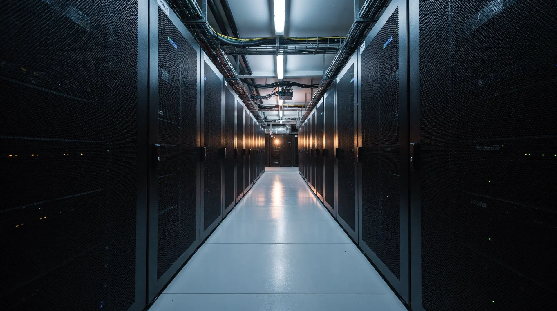 Unmarked server racks recede down a blue-lit data-center aisle.