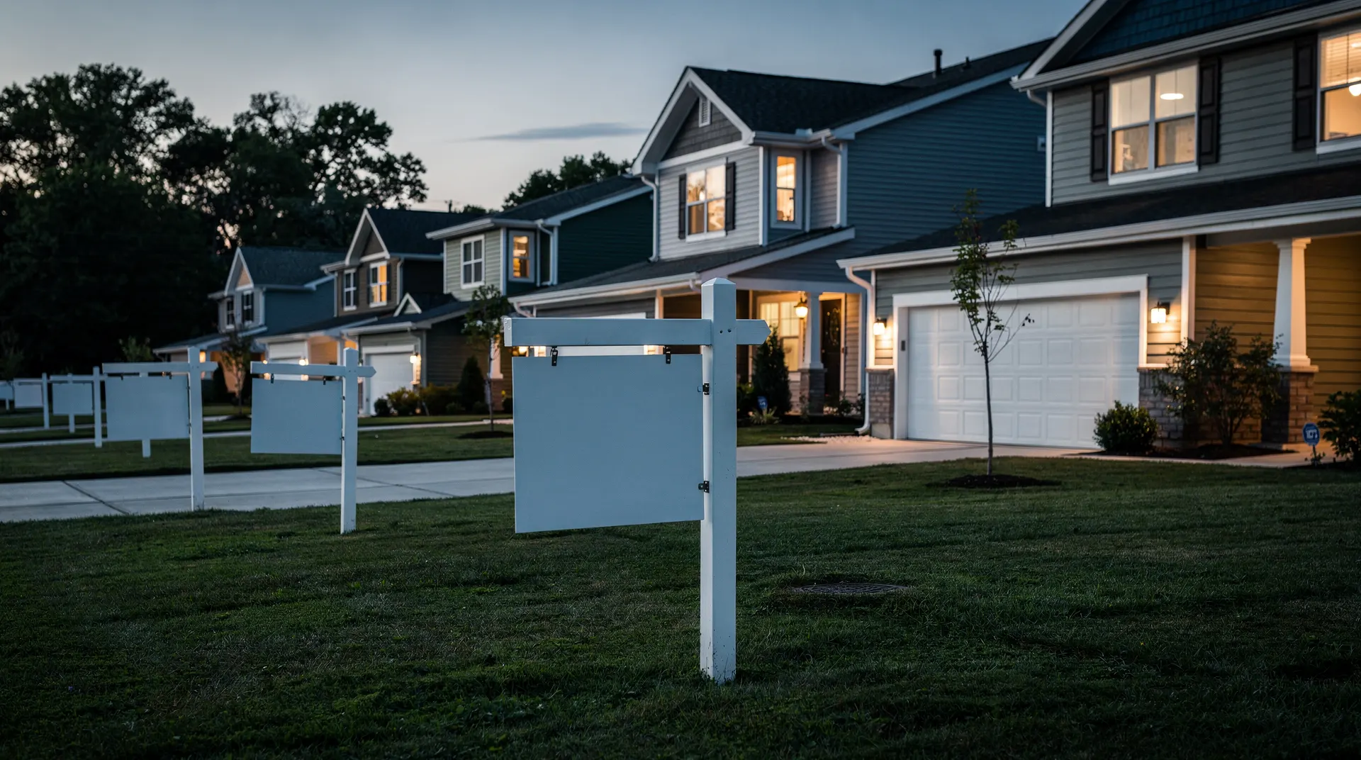 Row of newly built suburban houses at dusk, each lawn holding a blank real-estate yard sign