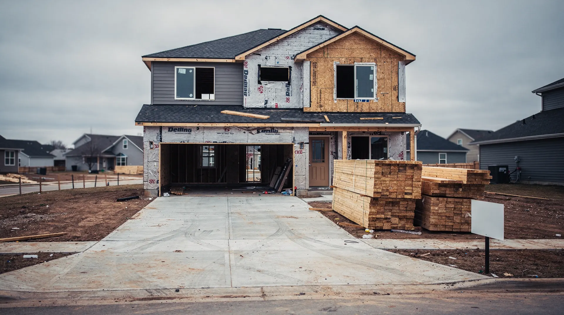 A partially finished suburban house stands beside an empty driveway and a blank yard sign.