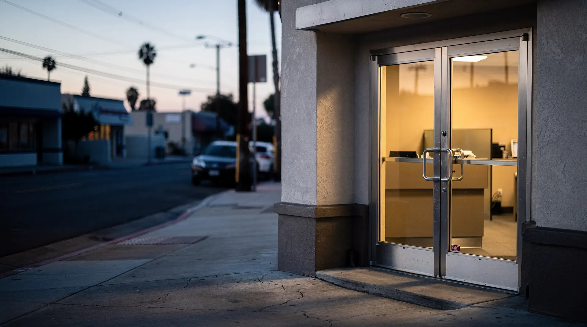 Warm light glows through the glass entrance of an unmarked small bank branch at dawn.