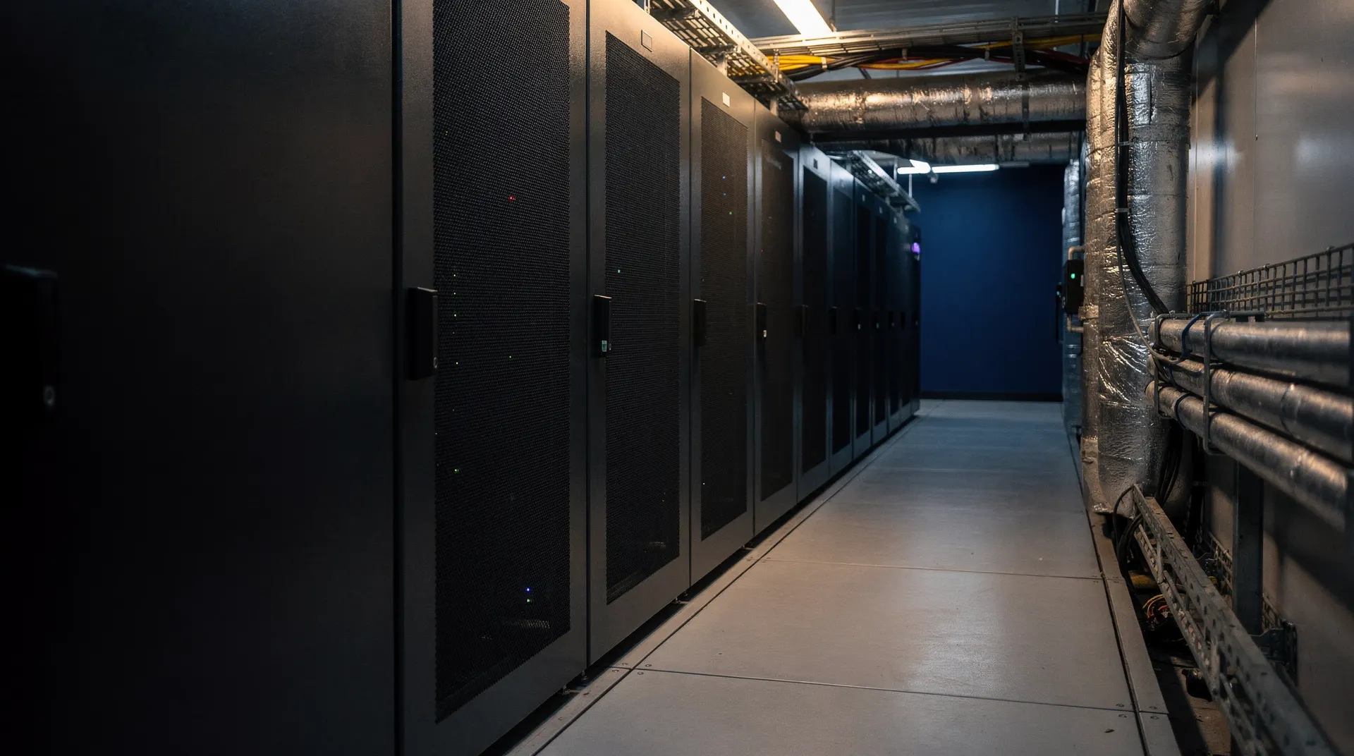 Server racks line a narrow aisle, with warm light on the nearest racks and deeper bays fading into shadow.