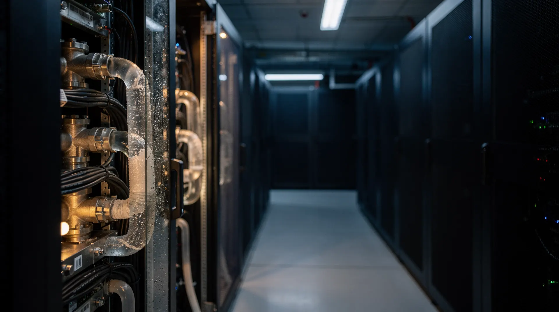 A lit section of liquid-cooled server racks stands out against darker aisles in a data center.