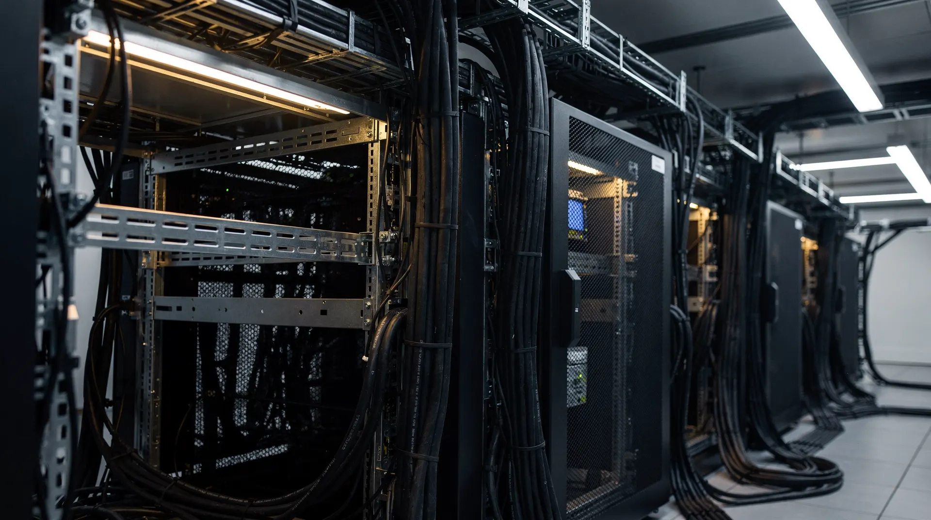 Power cables run behind server racks in a dimly lit data center aisle.