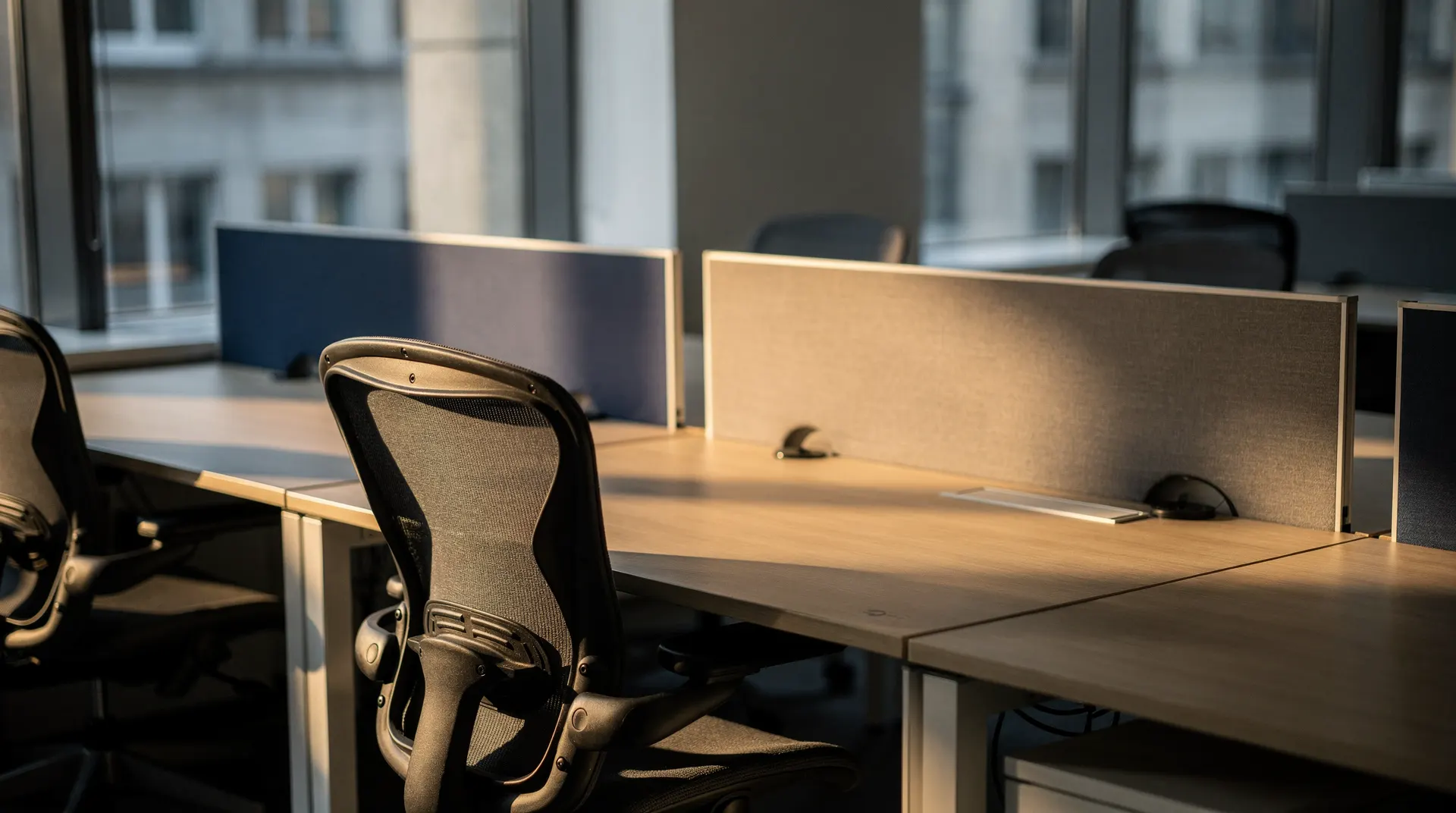 Empty office desks and chairs recede into a quiet workspace lit from the side.