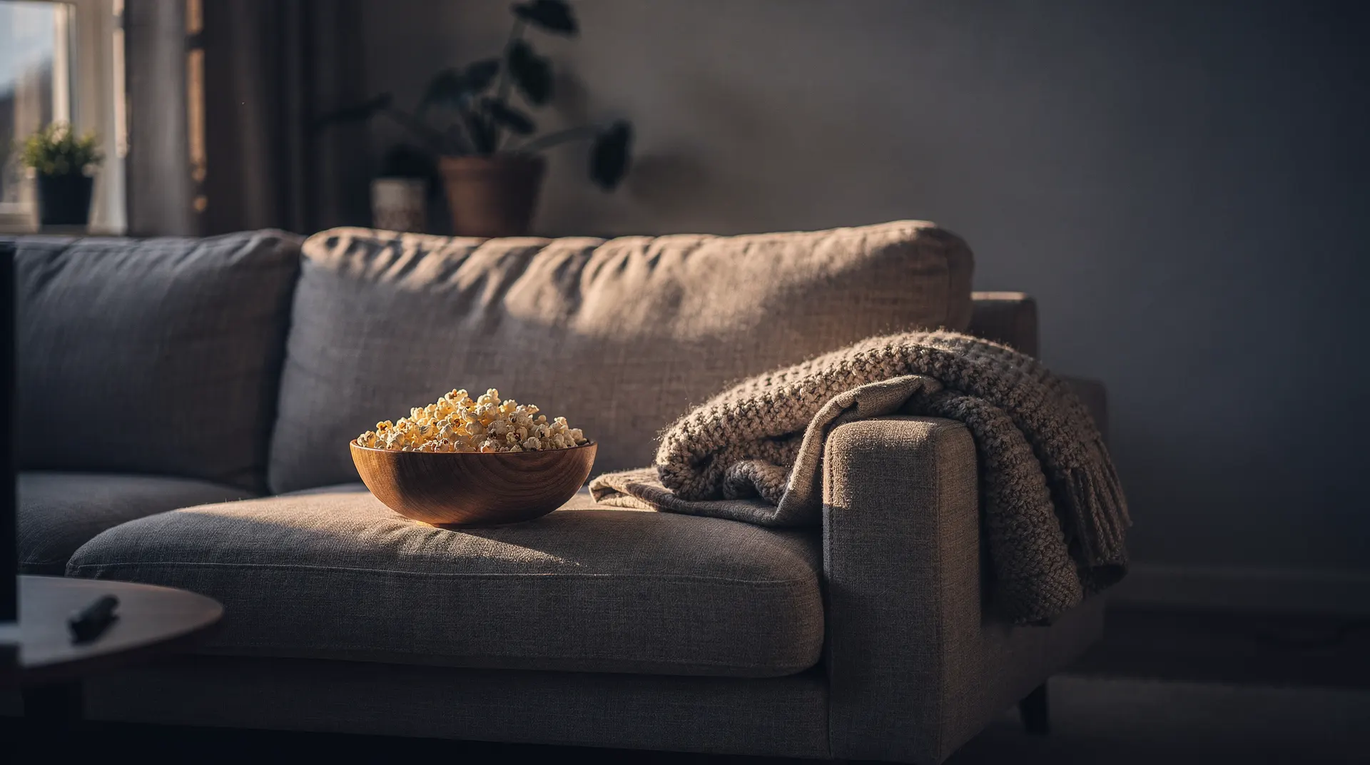 An empty sofa sits beside an untouched bowl of popcorn in a dim living room.