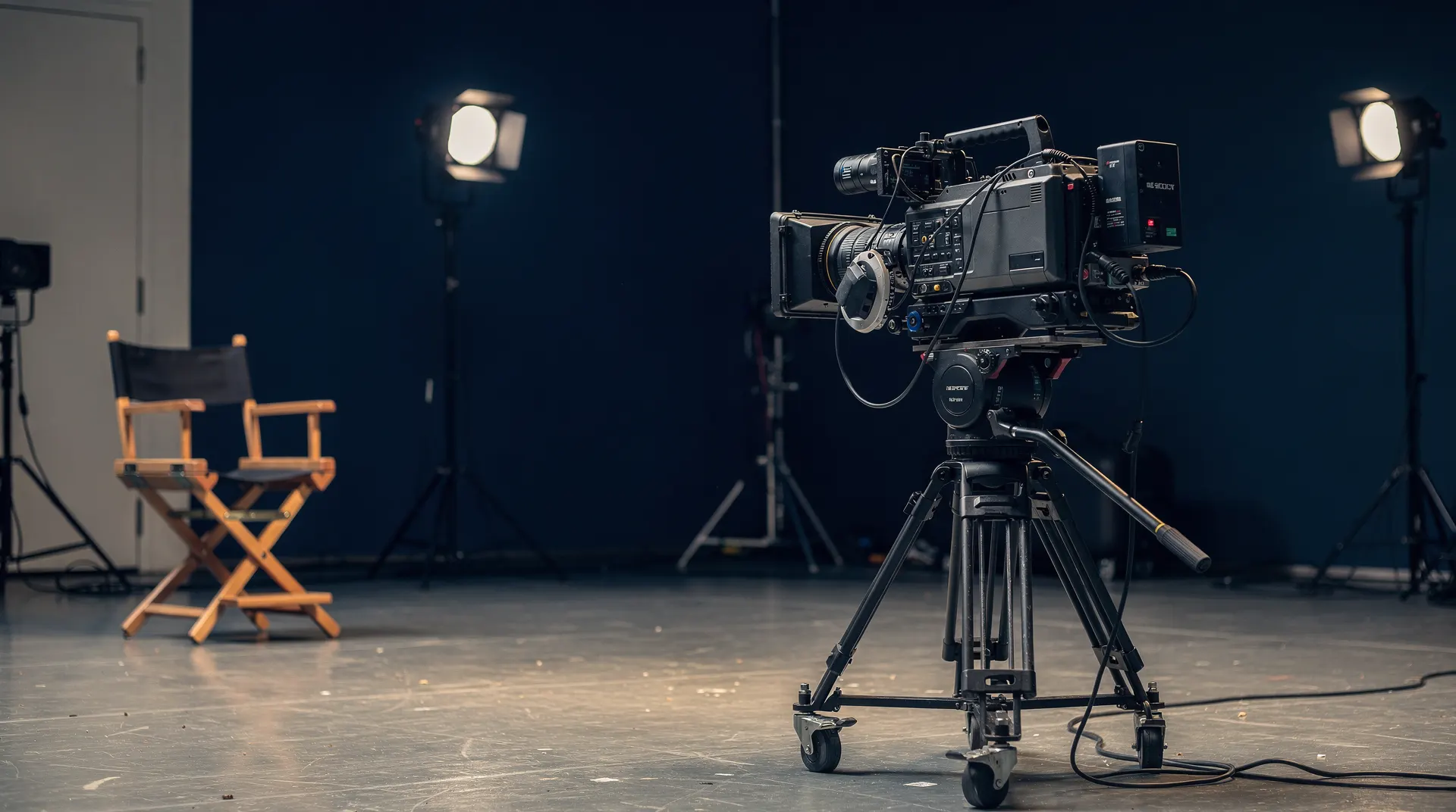 An unmarked television camera stands on an empty soundstage beside a vacant director’s chair.
