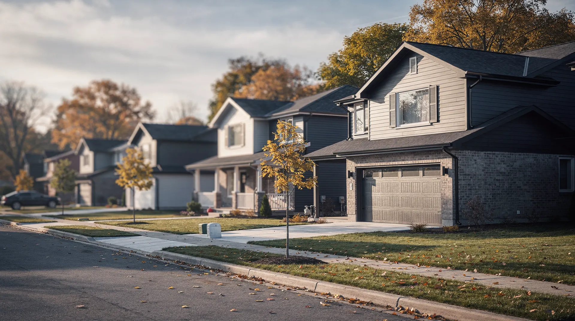 Newly completed suburban houses line a quiet street with empty driveways.