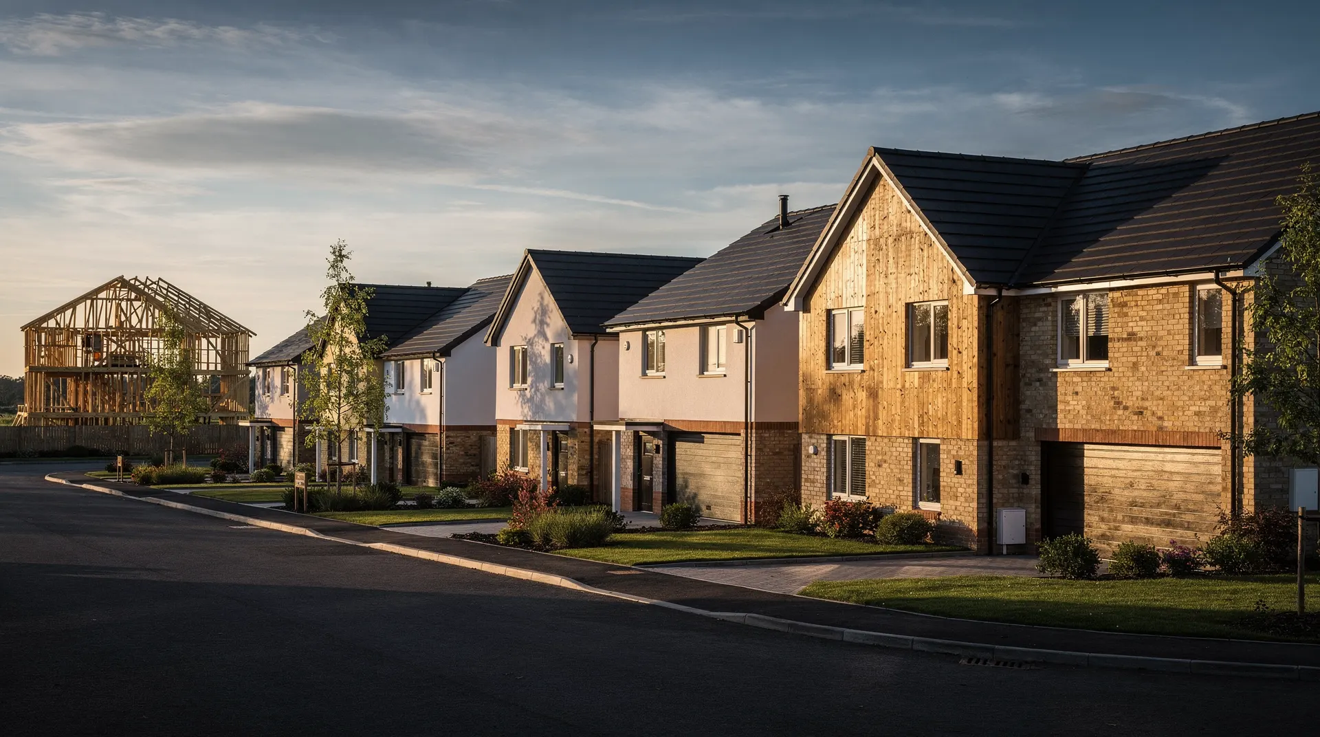 A quiet row of newly built suburban houses, with an unfinished house farther down the street.