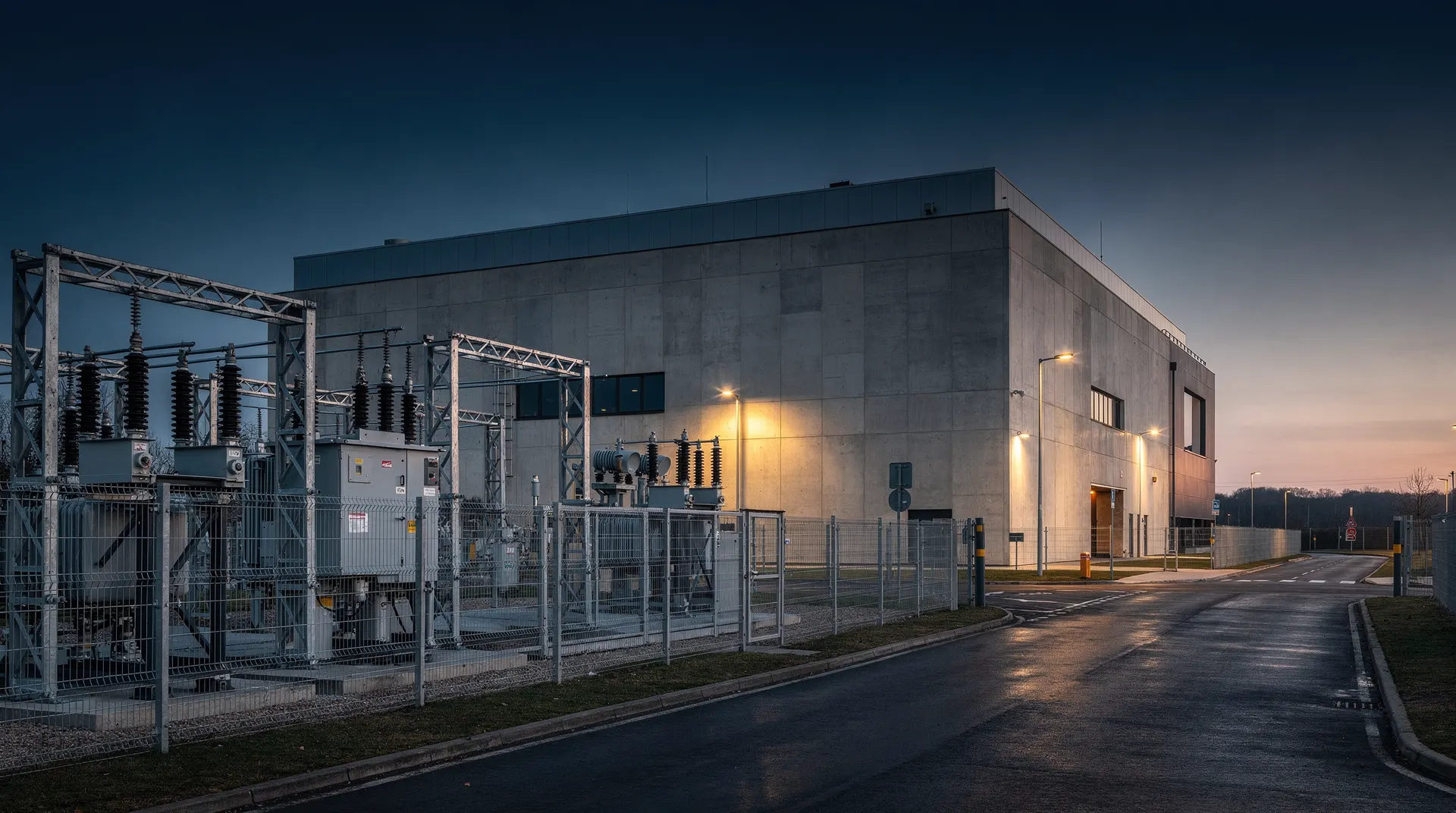 A data centre building stands behind a fenced electrical substation at dusk.