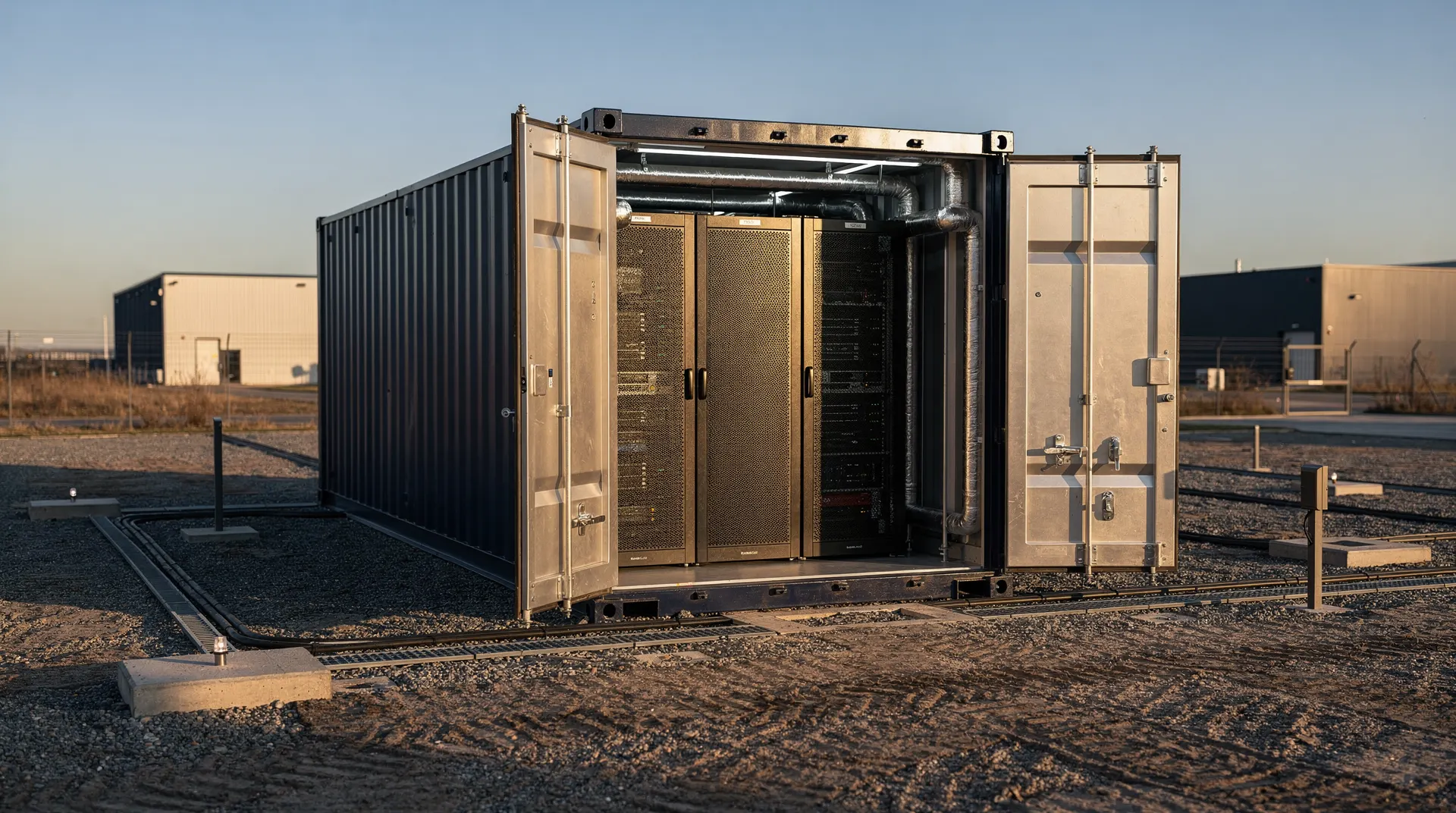Open modular data-center container reveals server racks and cooling pipes beside a prepared industrial site.